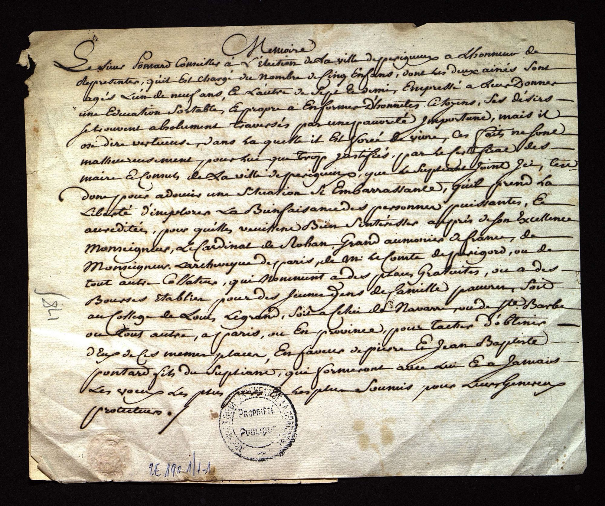 Pontard. Demande de bourses pour l'instruction de ses enfants (1785).