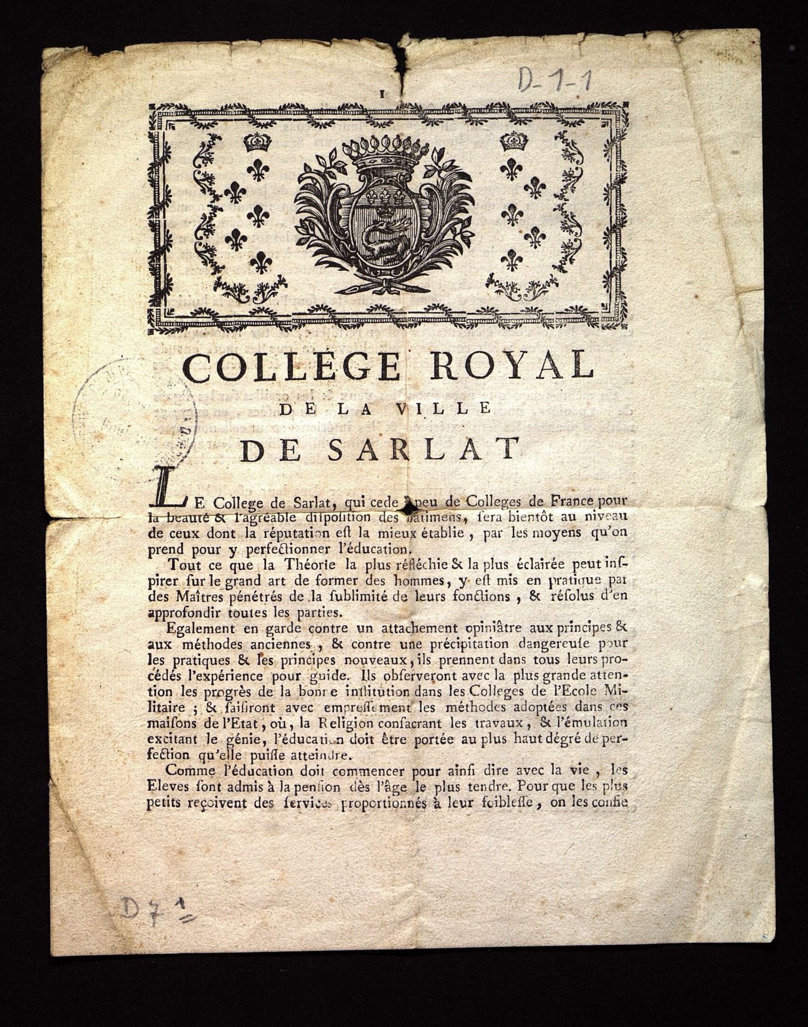 Collège de Sarlat. Prospectus imprimé (XVIIIe siècle).