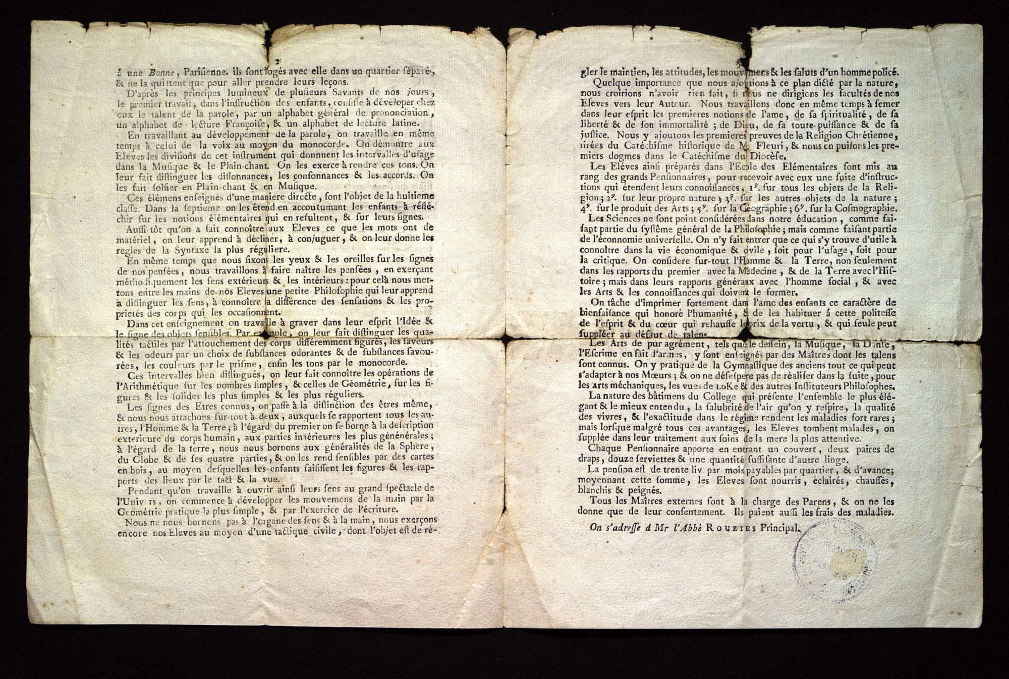 Collège de Sarlat. Prospectus imprimé (XVIIIe siècle).