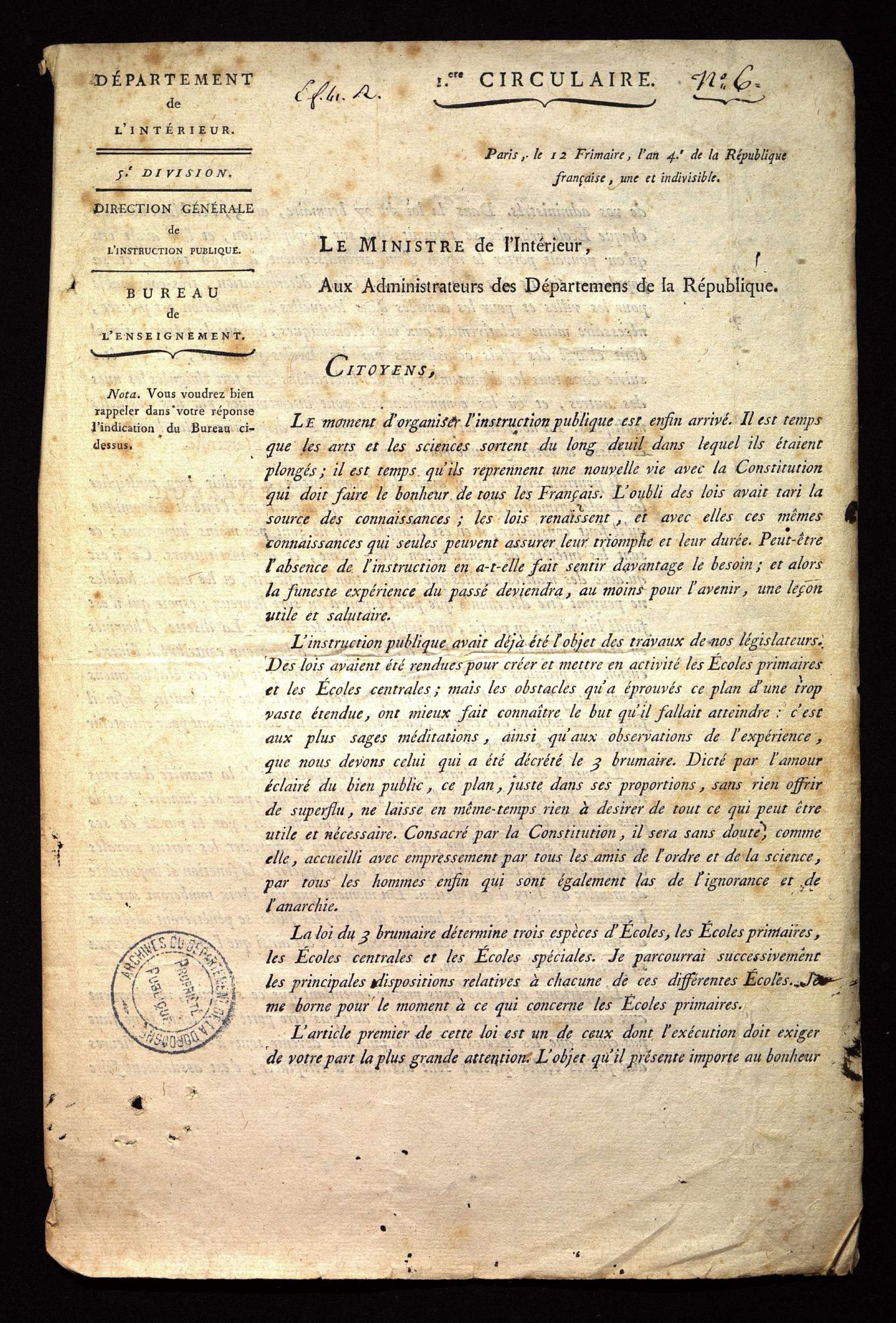 Circulaire du ministre de l'intérieur aux préfets concernant la loi du 3 brumaire an IV.