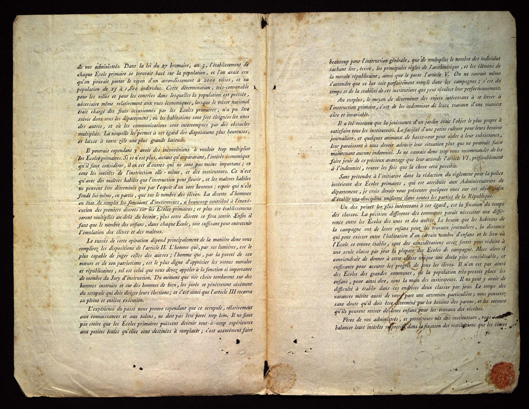 Circulaire du ministre de l'intérieur aux préfets concernant la loi du 3 brumaire an IV.