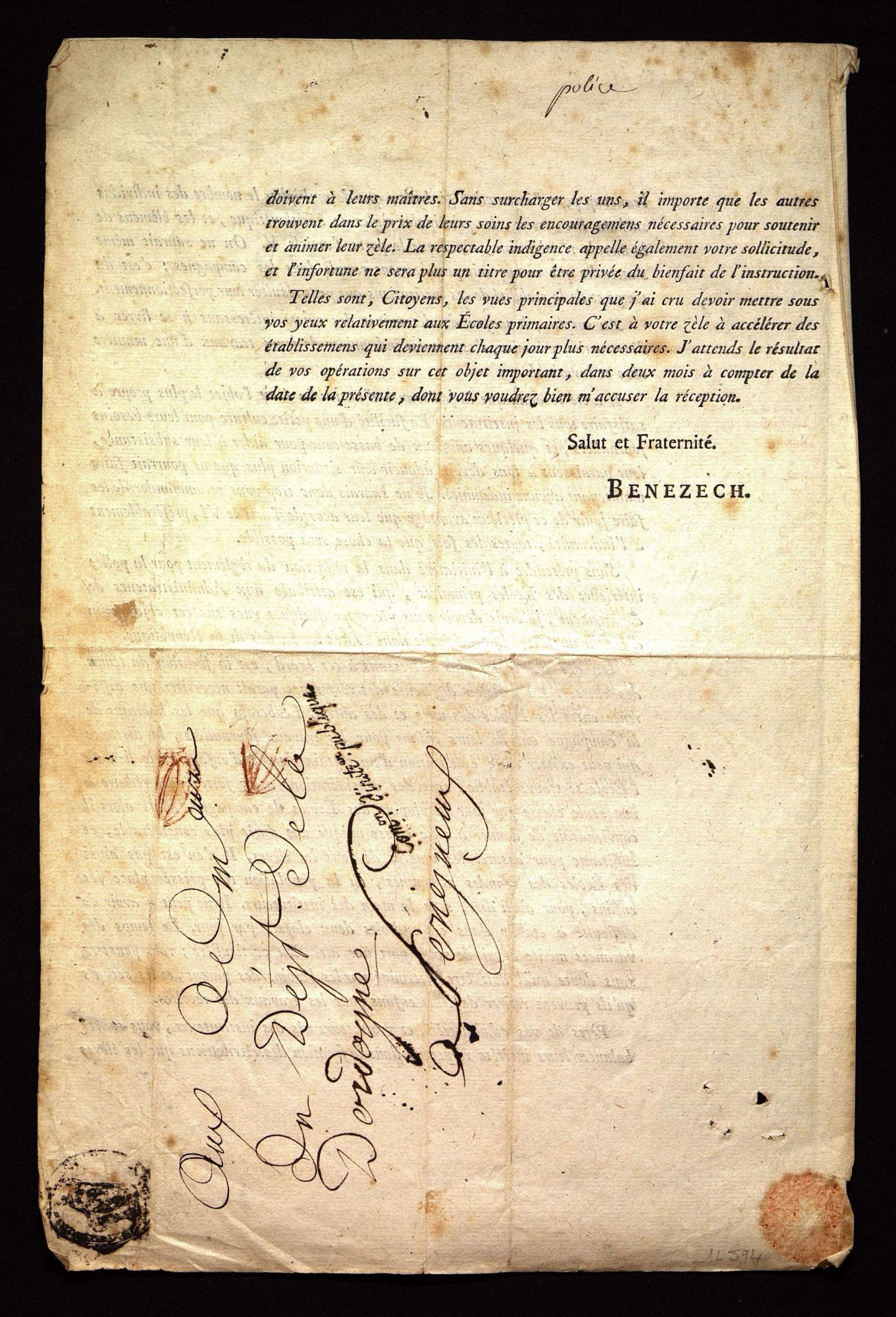 Circulaire du ministre de l'intérieur aux préfets concernant la loi du 3 brumaire an IV.
