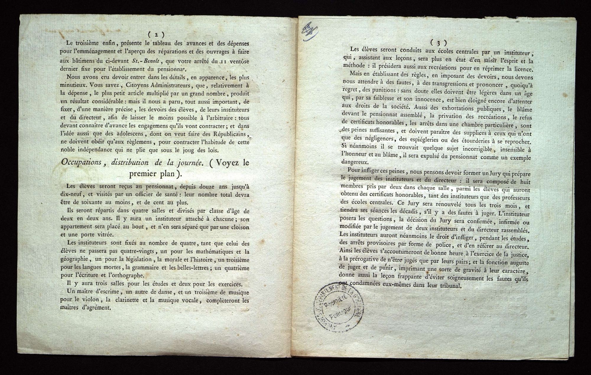 Régime intérieur, dépenses, emploi du temps, réparations (floréal an VII).