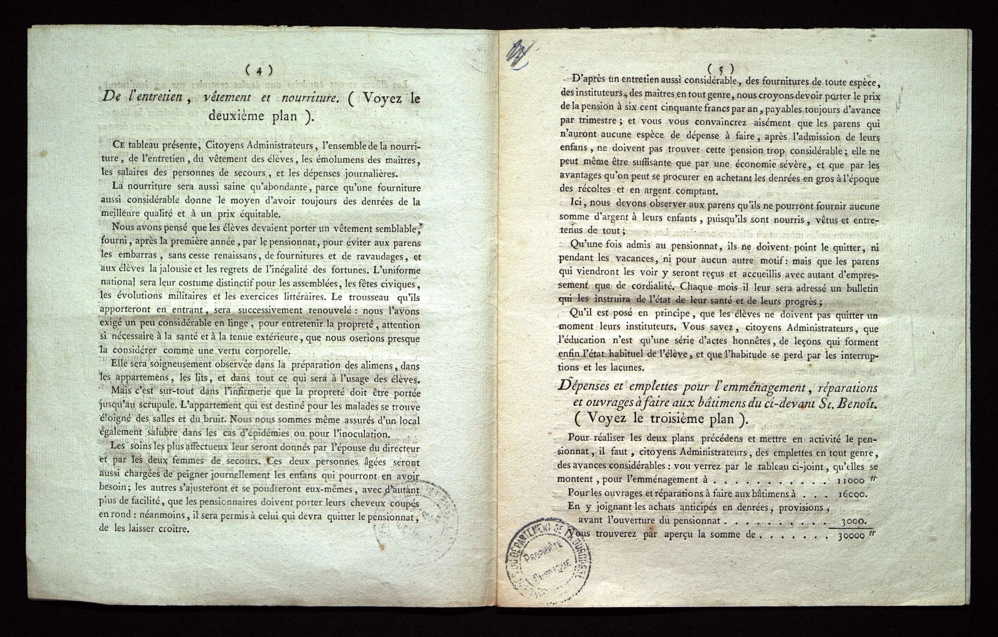 Régime intérieur, dépenses, emploi du temps, réparations (floréal an VII).