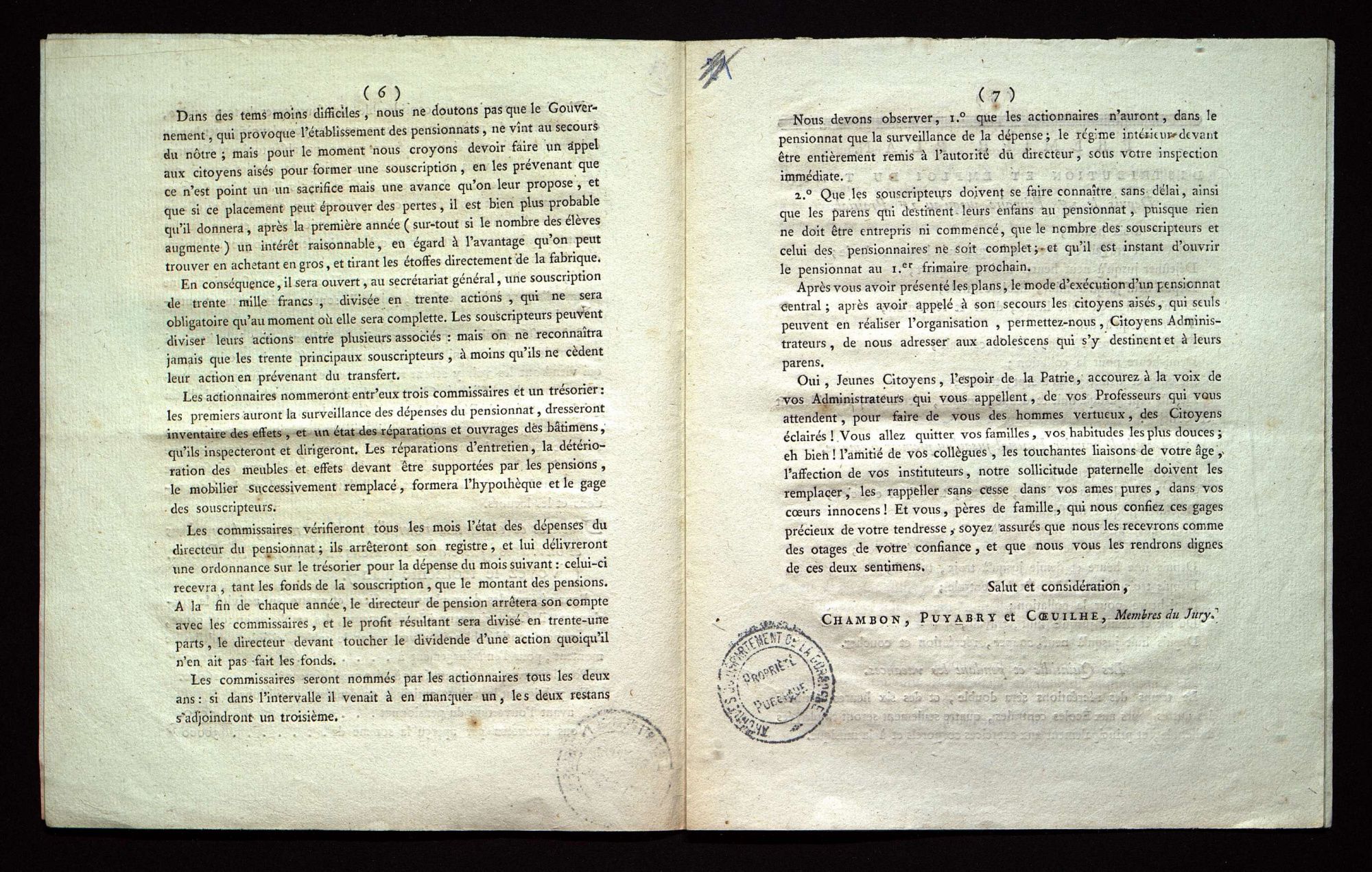 Régime intérieur, dépenses, emploi du temps, réparations (floréal an VII).