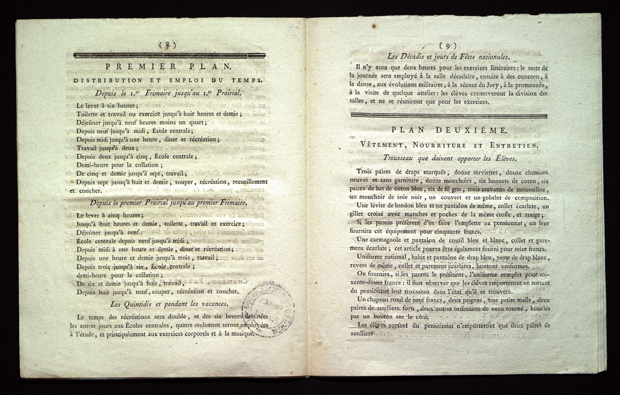 Régime intérieur, dépenses, emploi du temps, réparations (floréal an VII).