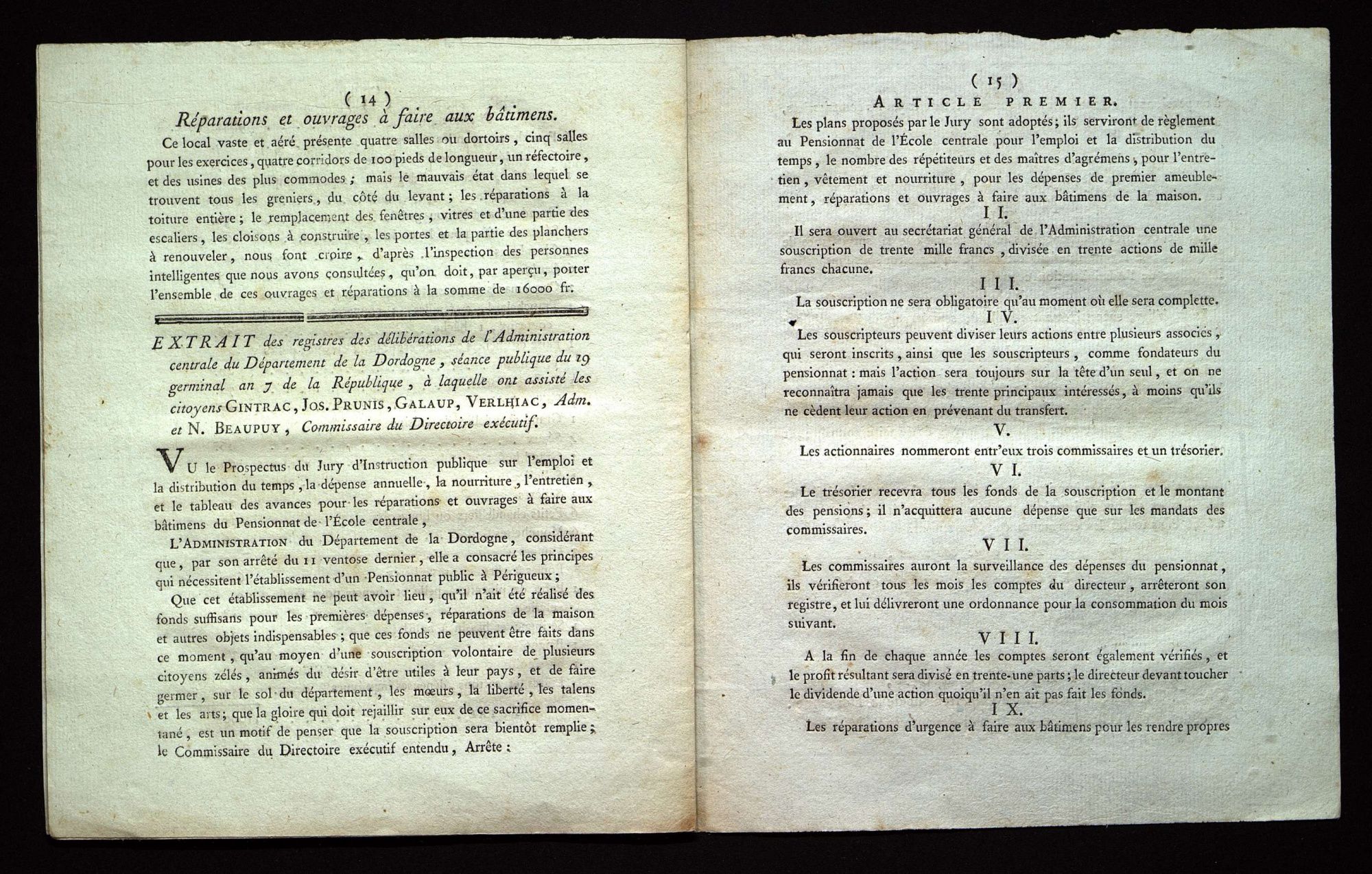 Régime intérieur, dépenses, emploi du temps, réparations (floréal an VII).