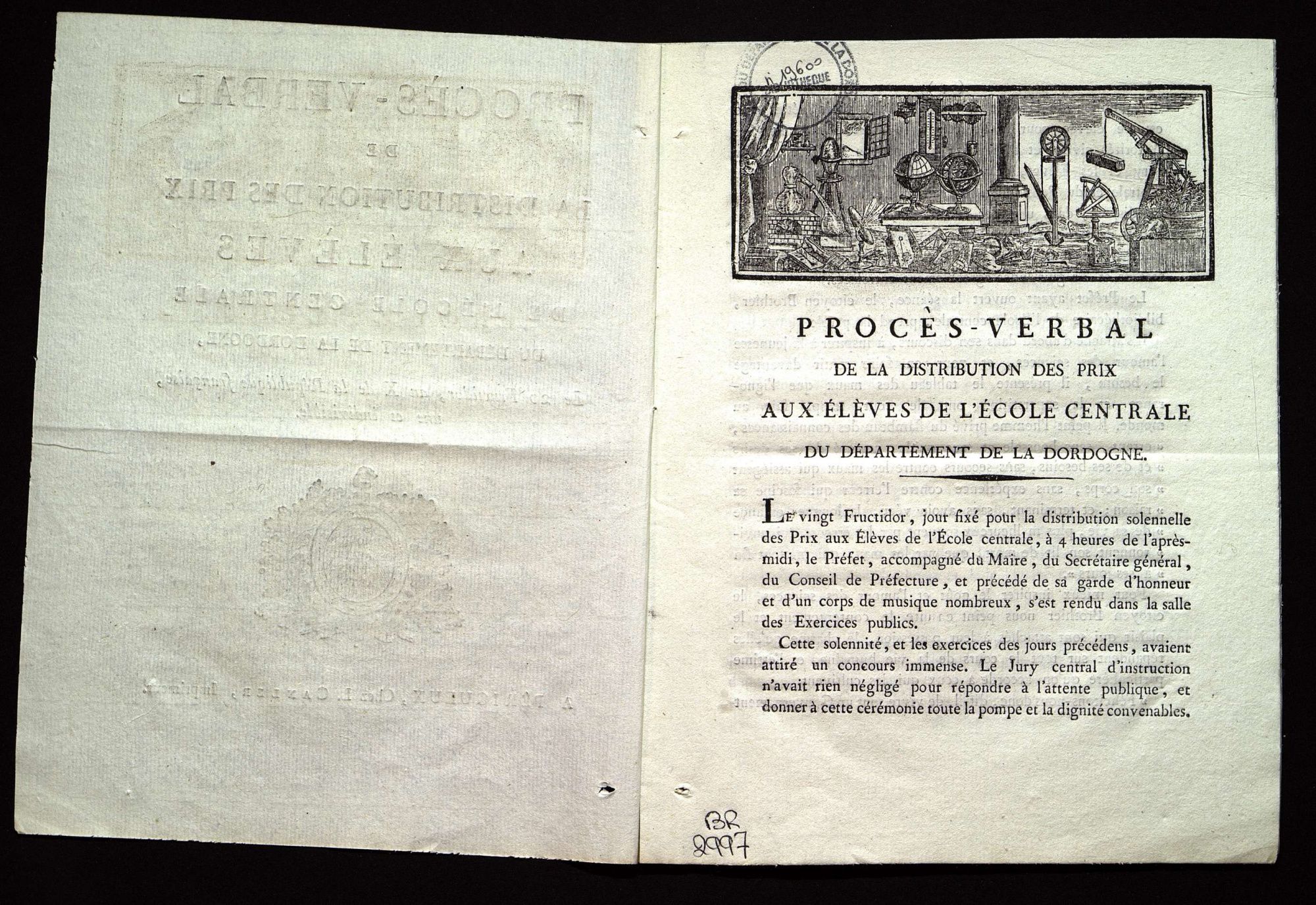 Procès-verbal de la distribution des prix aux élèves de l'école centrale du département de la Dordogne. Le 20 Fructidor, an X de la République française, une et indivisible.