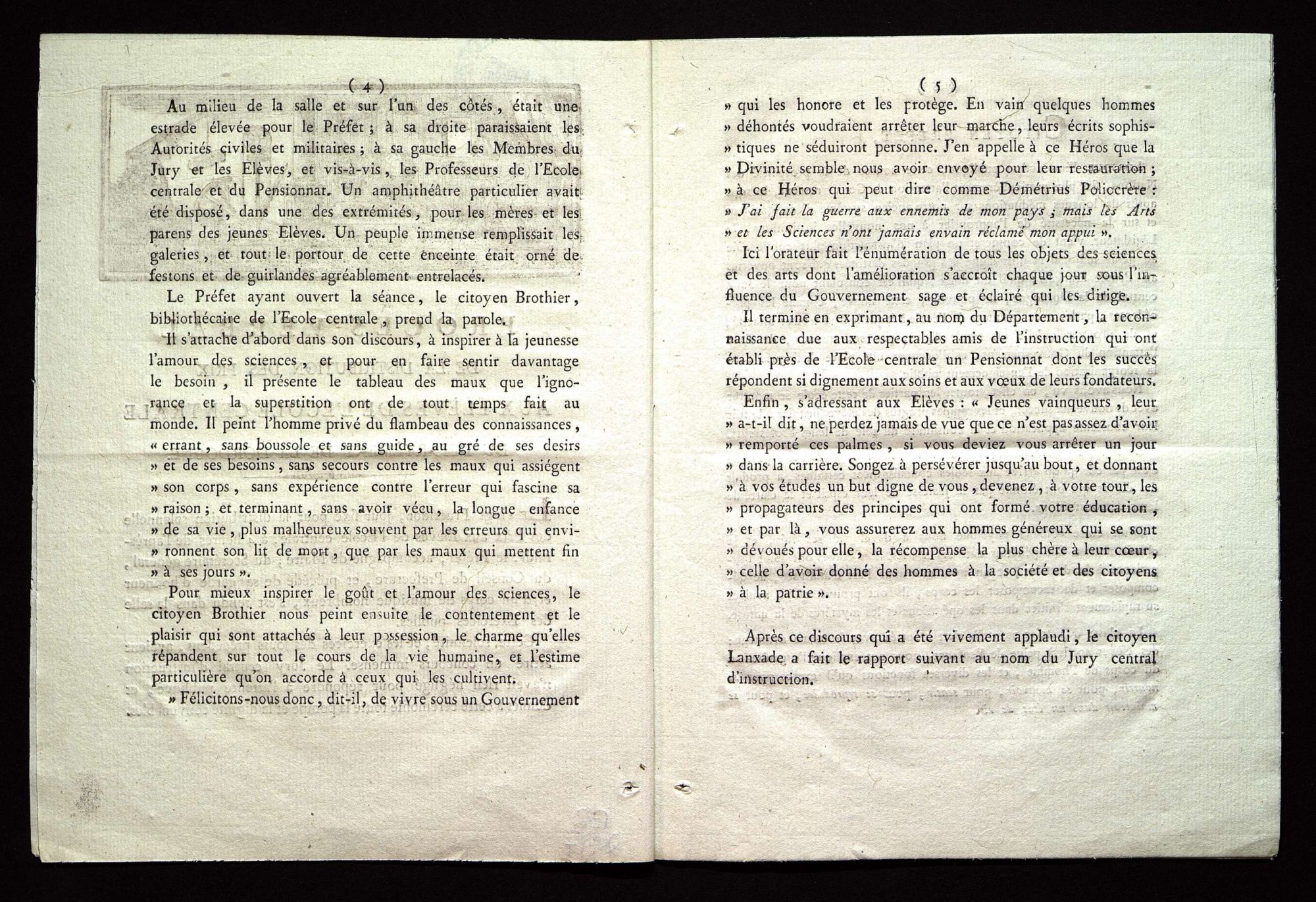 Procès-verbal de la distribution des prix aux élèves de l'école centrale du département de la Dordogne. Le 20 Fructidor, an X de la République française, une et indivisible.