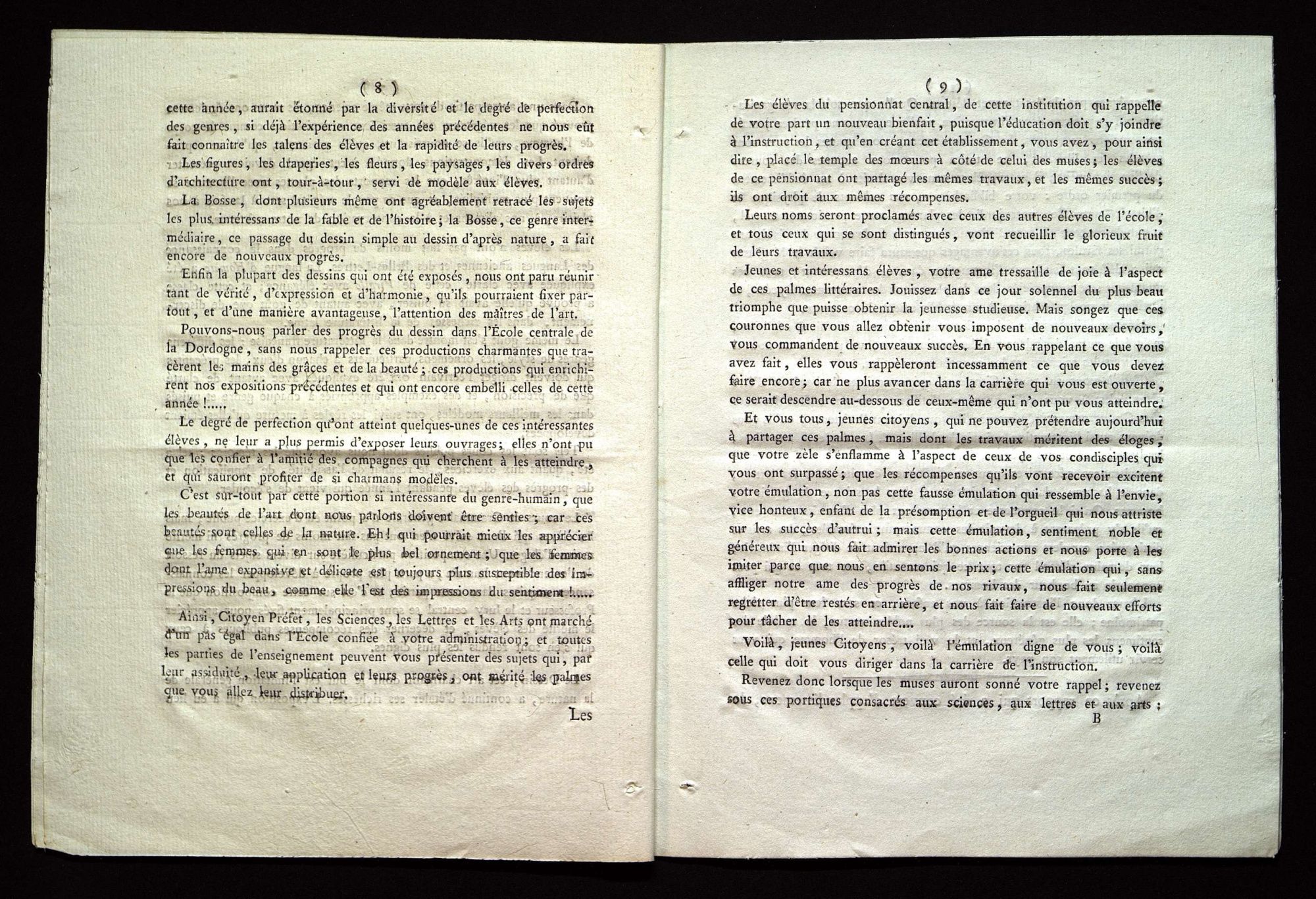 Procès-verbal de la distribution des prix aux élèves de l'école centrale du département de la Dordogne. Le 20 Fructidor, an X de la République française, une et indivisible.