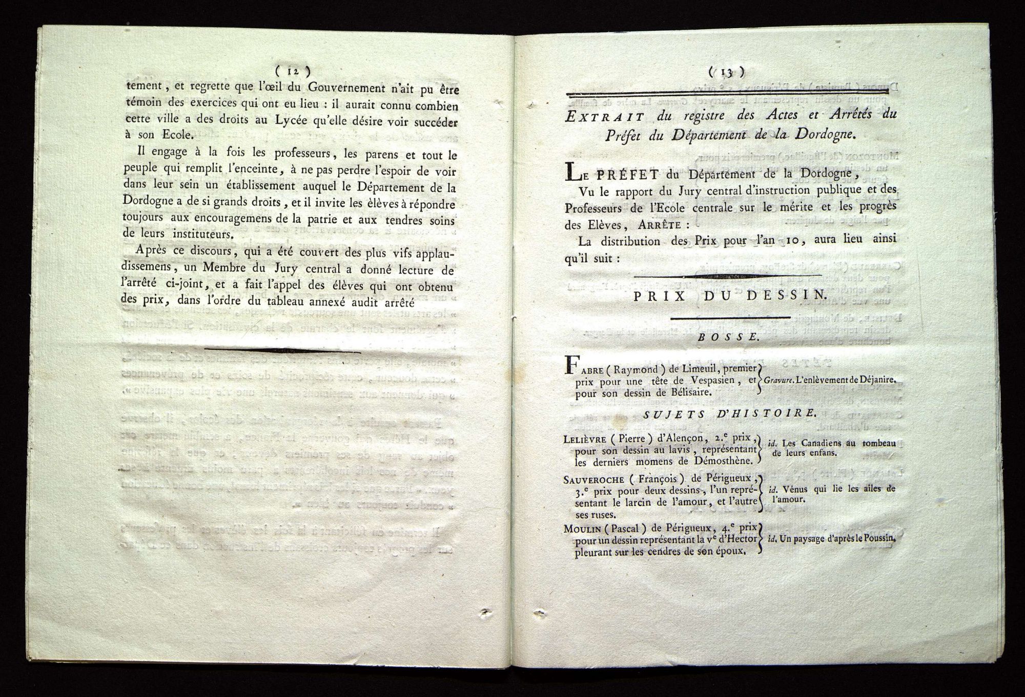 Procès-verbal de la distribution des prix aux élèves de l'école centrale du département de la Dordogne. Le 20 Fructidor, an X de la République française, une et indivisible.