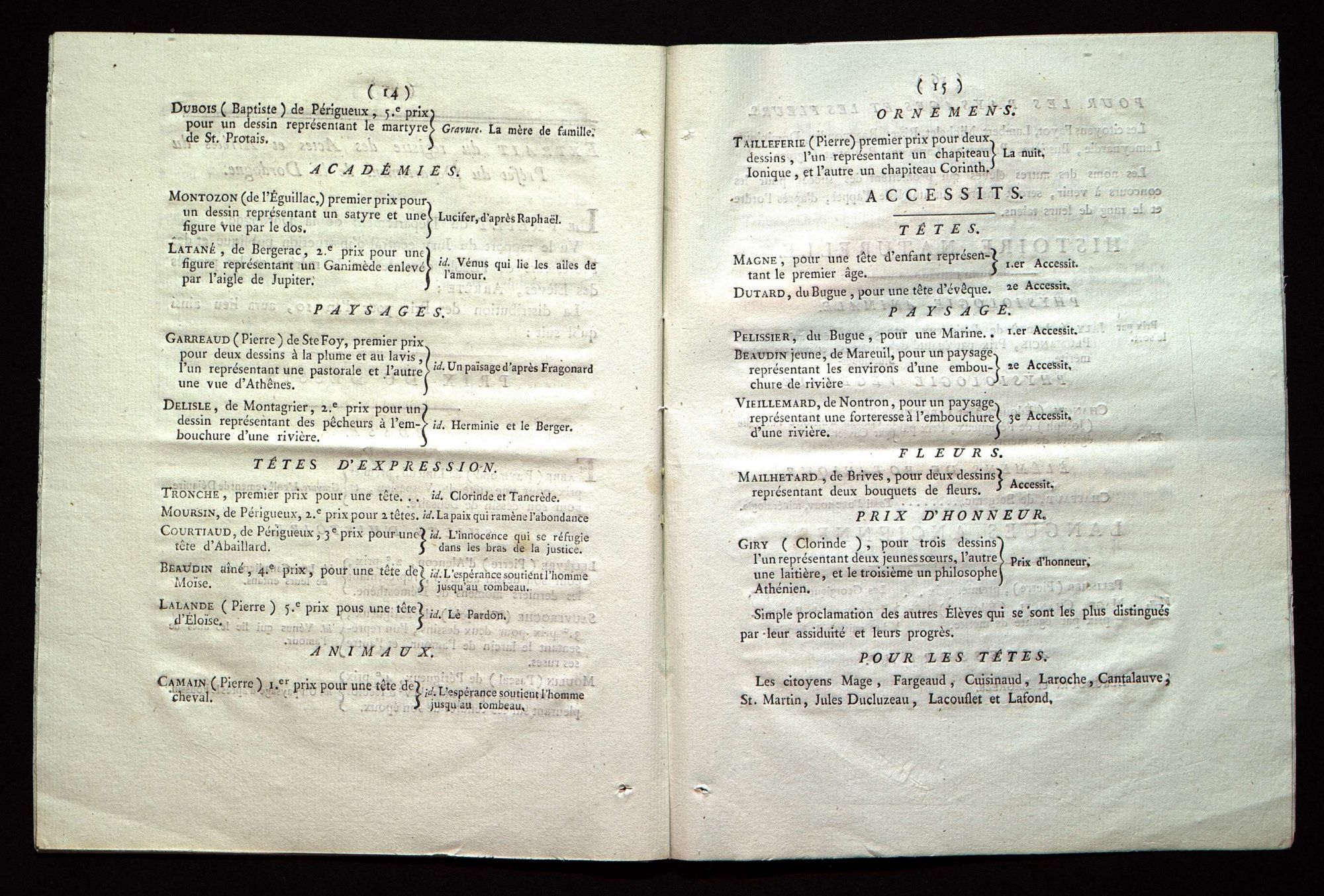 Procès-verbal de la distribution des prix aux élèves de l'école centrale du département de la Dordogne. Le 20 Fructidor, an X de la République française, une et indivisible.