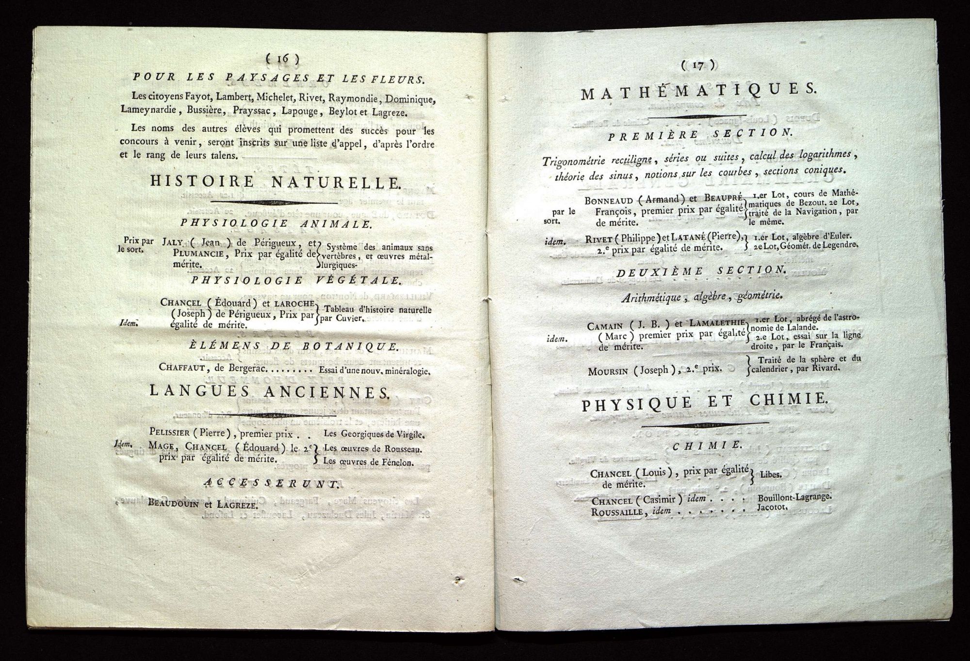 Procès-verbal de la distribution des prix aux élèves de l'école centrale du département de la Dordogne. Le 20 Fructidor, an X de la République française, une et indivisible.