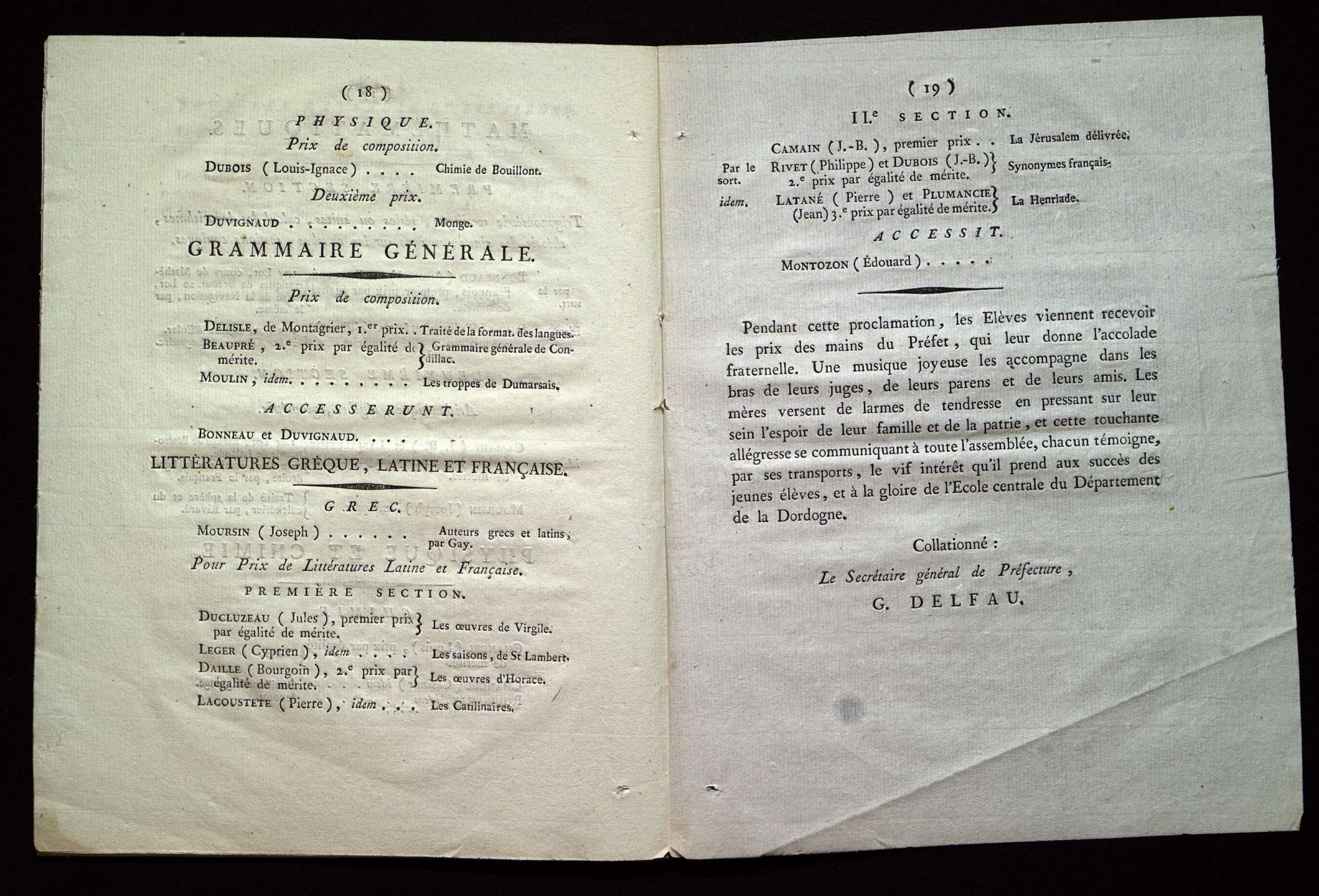 Procès-verbal de la distribution des prix aux élèves de l'école centrale du département de la Dordogne. Le 20 Fructidor, an X de la République française, une et indivisible.