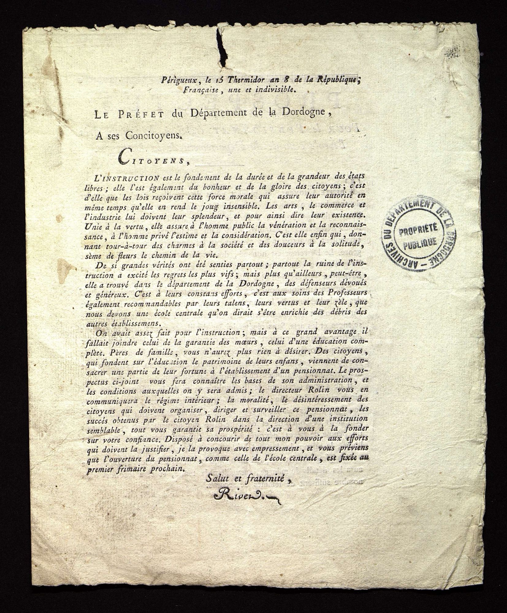 Prospectus pour le pensionnat établi à Périgueux près de l'École Centrale (Périgueux, Canler, thermidor an VIII).