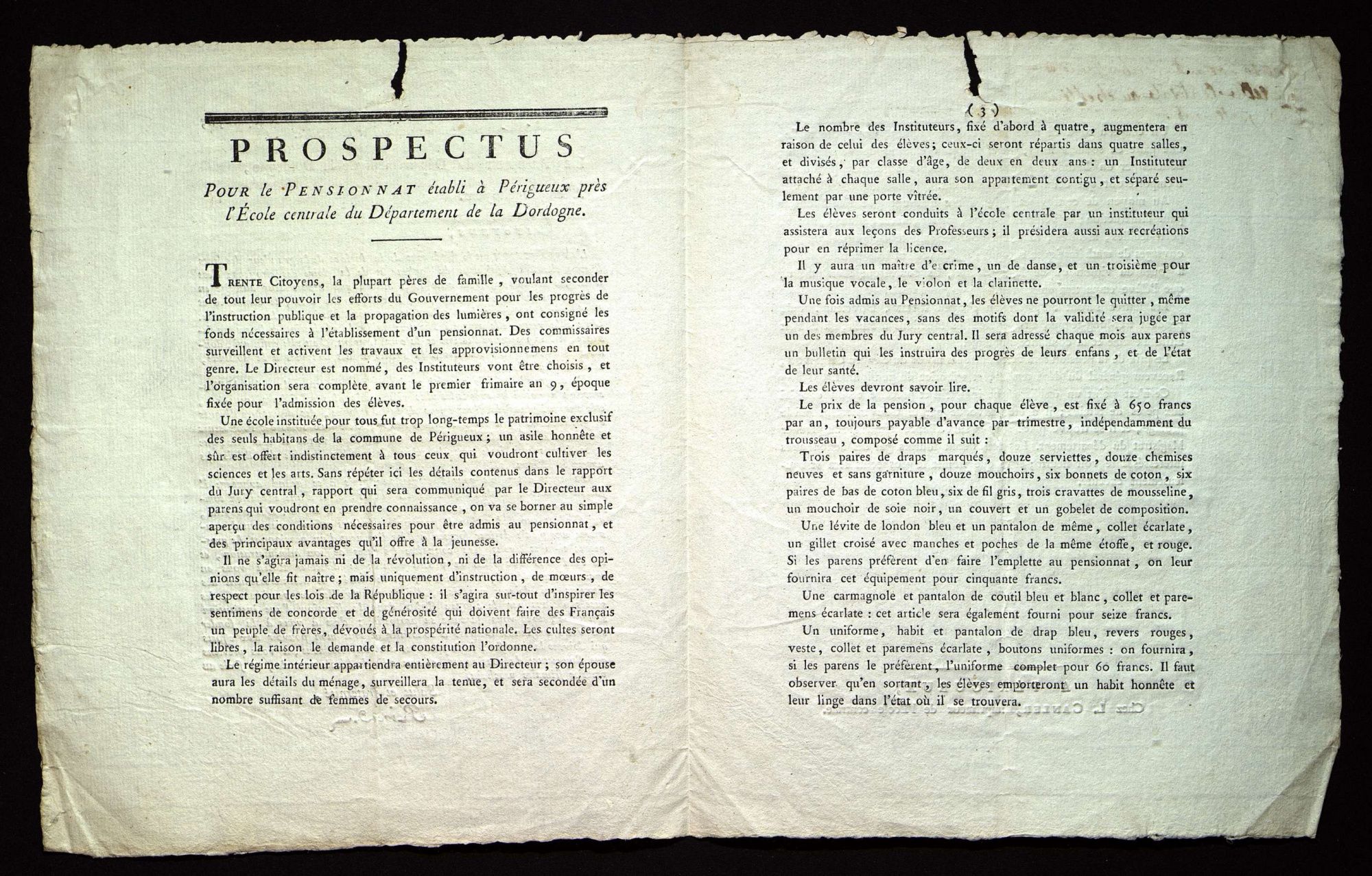 Prospectus pour le pensionnat établi à Périgueux près de l'École Centrale (Périgueux, Canler, thermidor an VIII).