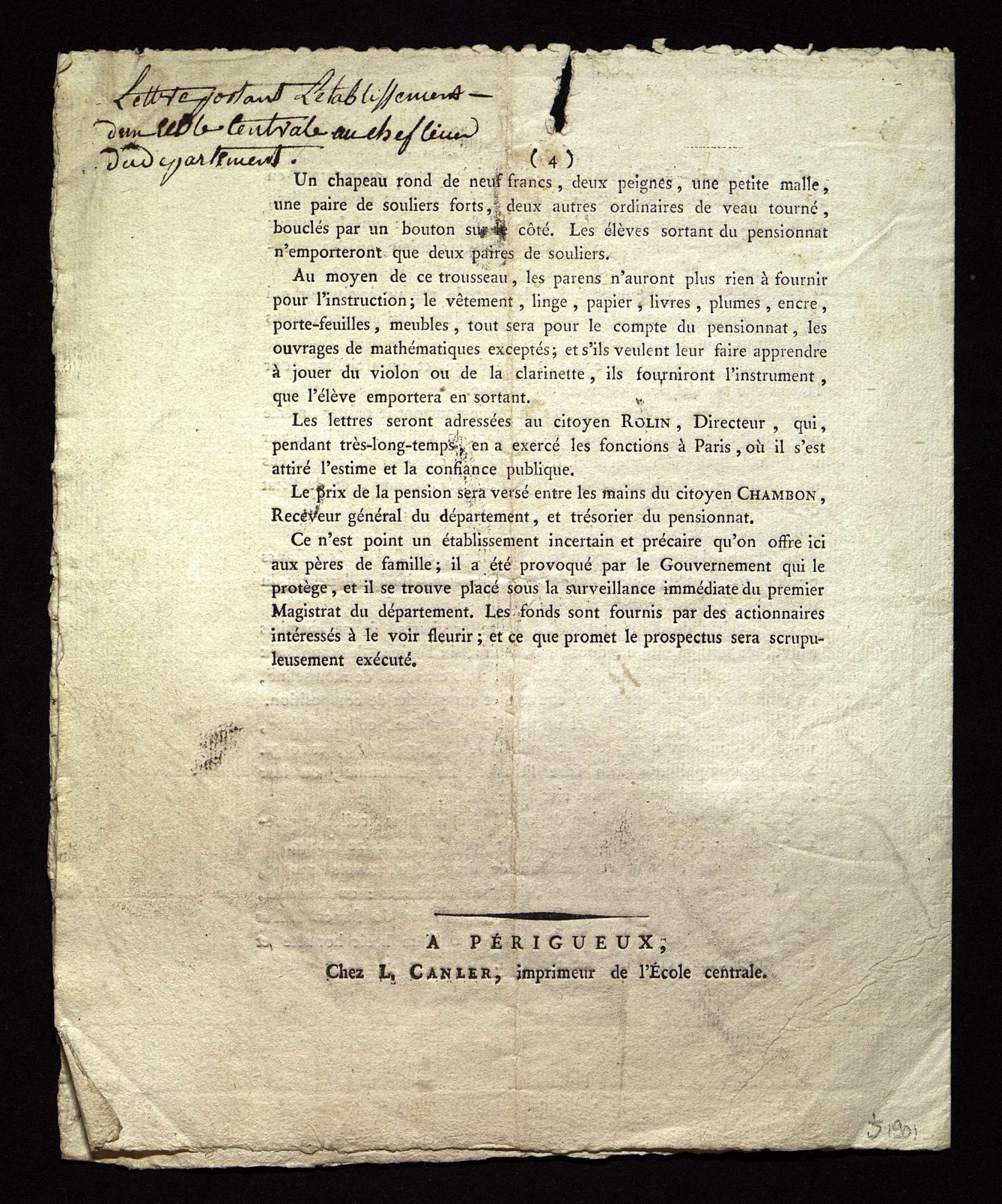 Prospectus pour le pensionnat établi à Périgueux près de l'École Centrale (Périgueux, Canler, thermidor an VIII).