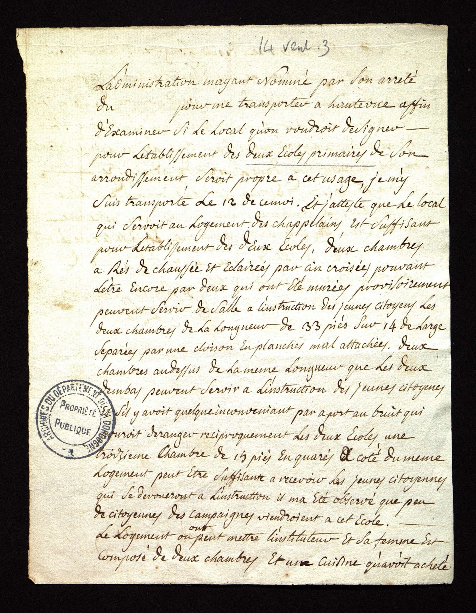 District d'Excideuil. Procès-verbal du commissaire enquêteur concernant l'établissement des deux écoles primaires de l'arrondissement à Hautevue [Saint-Aignan d'Hautefort] (14 ventôse an III).