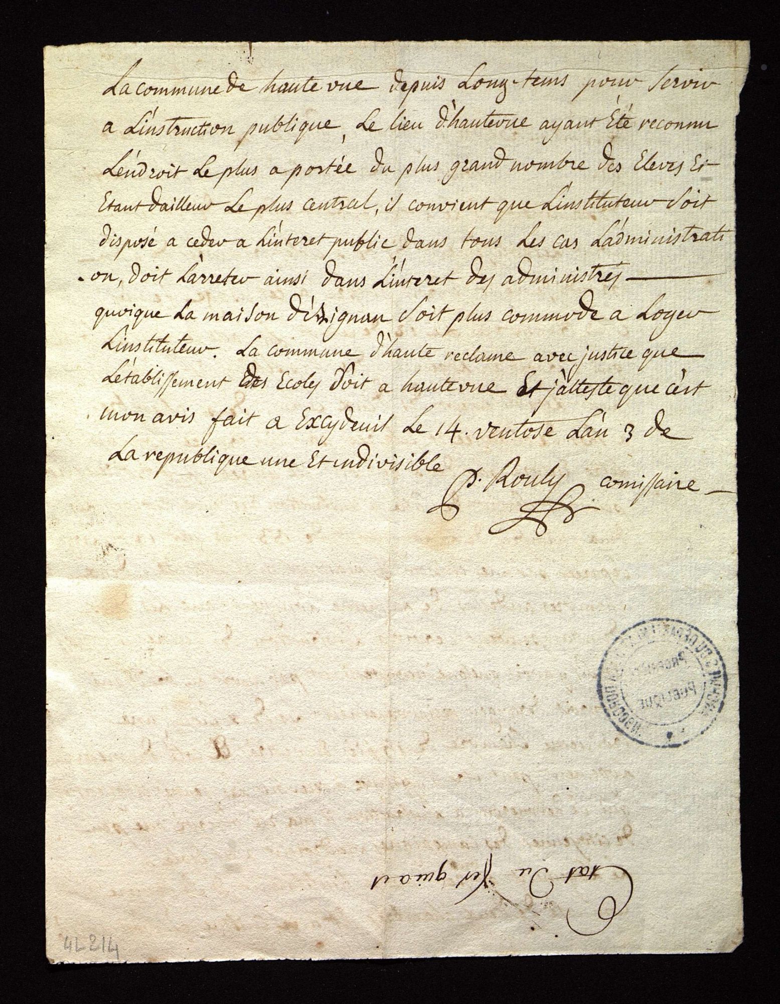District d'Excideuil. Procès-verbal du commissaire enquêteur concernant l'établissement des deux écoles primaires de l'arrondissement à Hautevue [Saint-Aignan d'Hautefort] (14 ventôse an III).