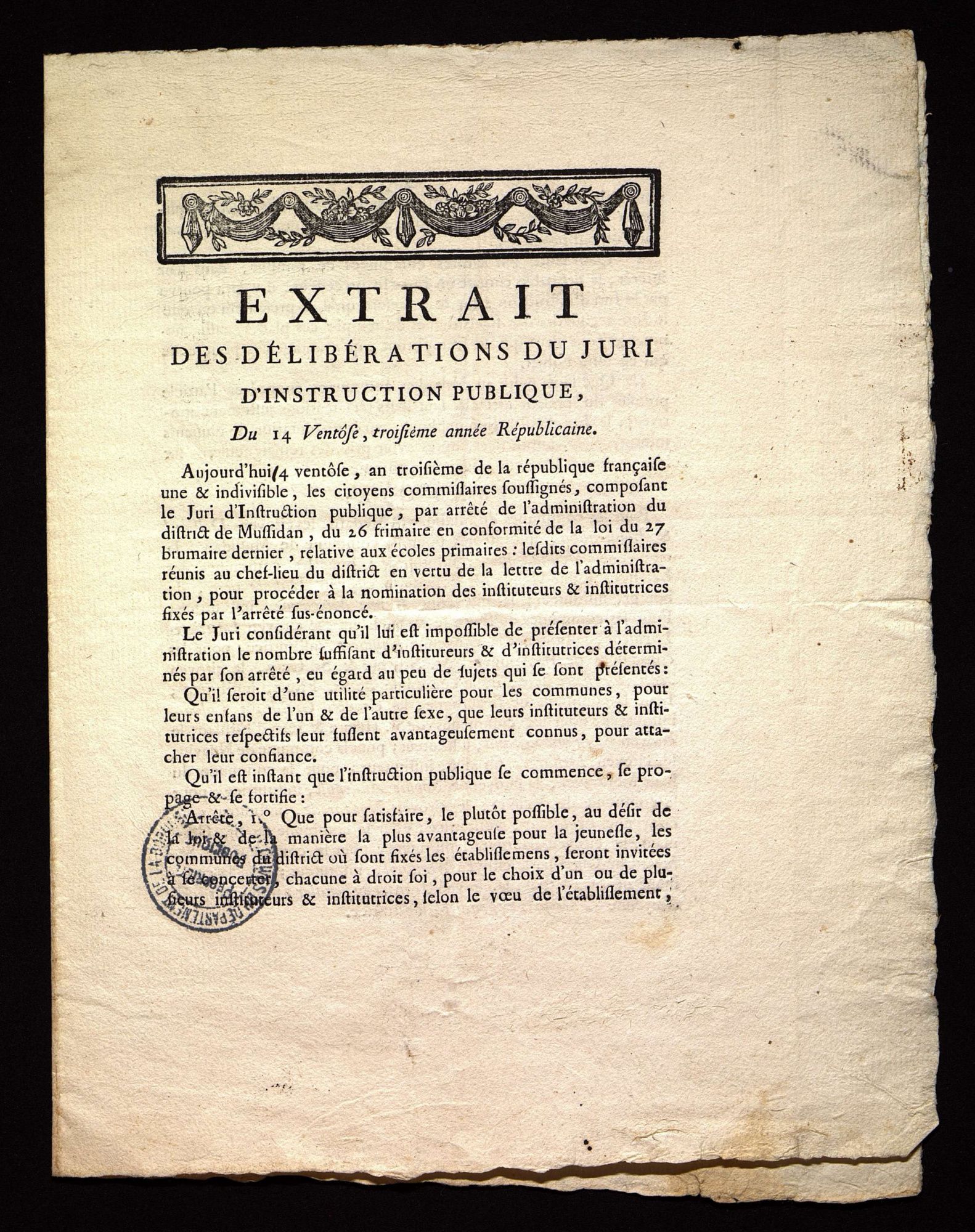 Extrait des délibérations du jury d'instruction publique, nomination d'instituteurs et institutrices [imprimé] (14 ventôse an III).