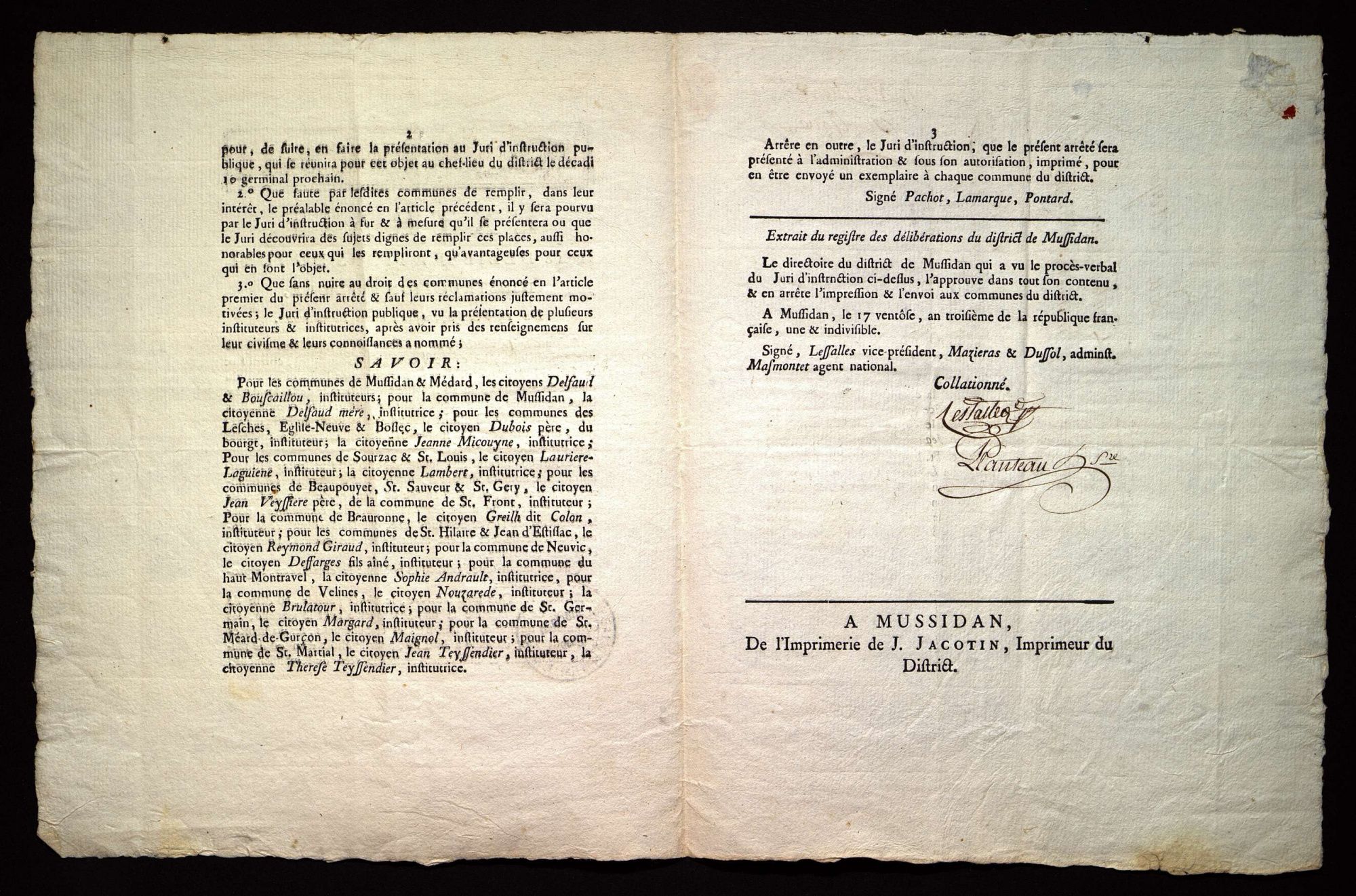 Extrait des délibérations du jury d'instruction publique, nomination d'instituteurs et institutrices [imprimé] (14 ventôse an III).