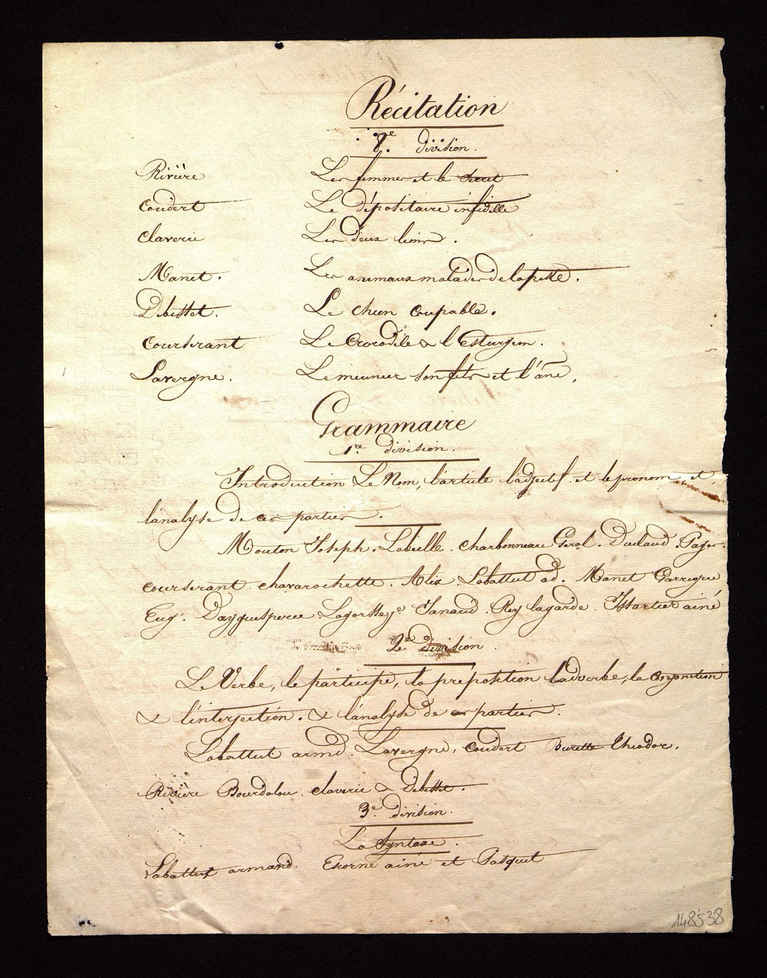 Programme d'une journée de travail à l'école du Bugue [vers 1835].
