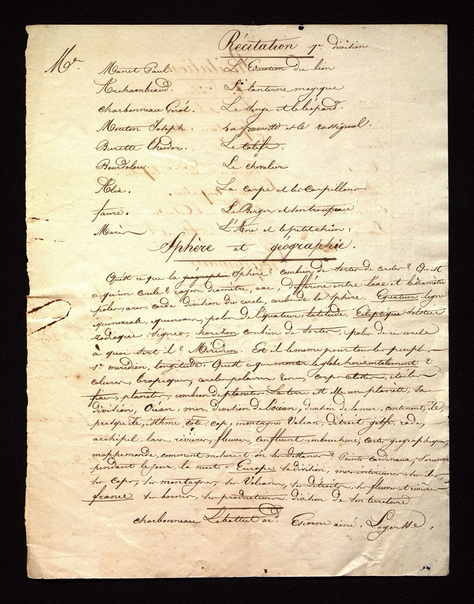 Programme d'une journée de travail à l'école du Bugue [vers 1835].