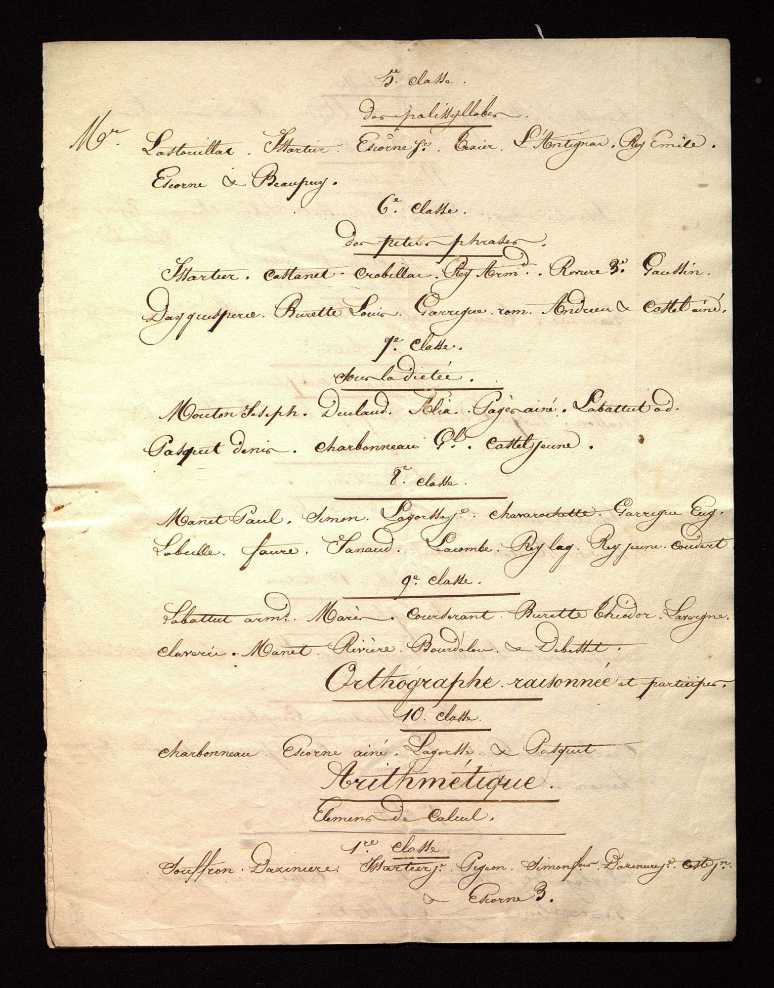 Programme d'une journée de travail à l'école du Bugue [vers 1835].