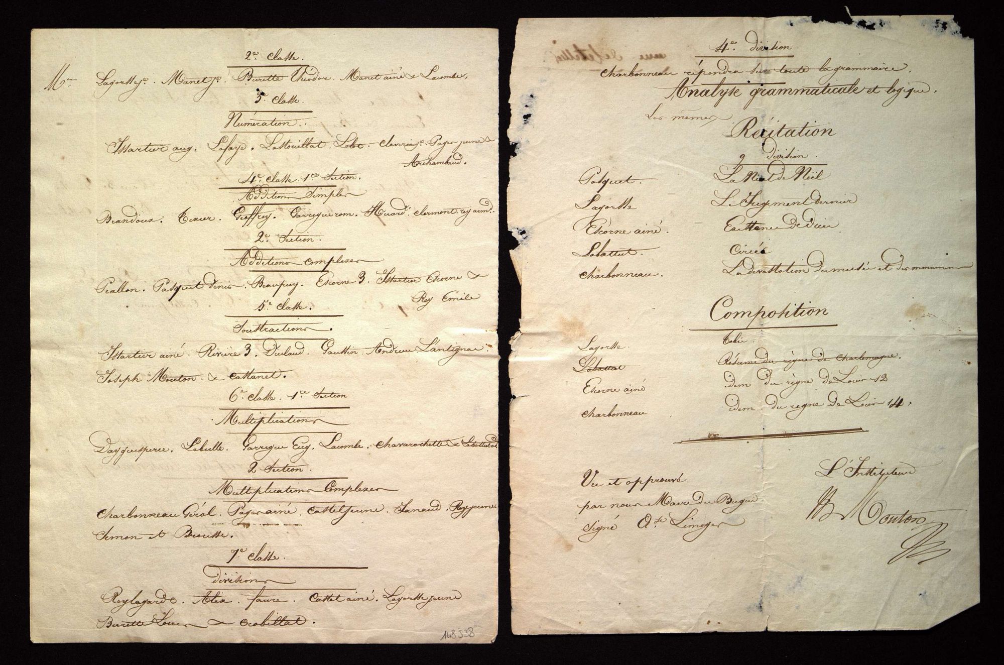 Programme d'une journée de travail à l'école du Bugue [vers 1835].