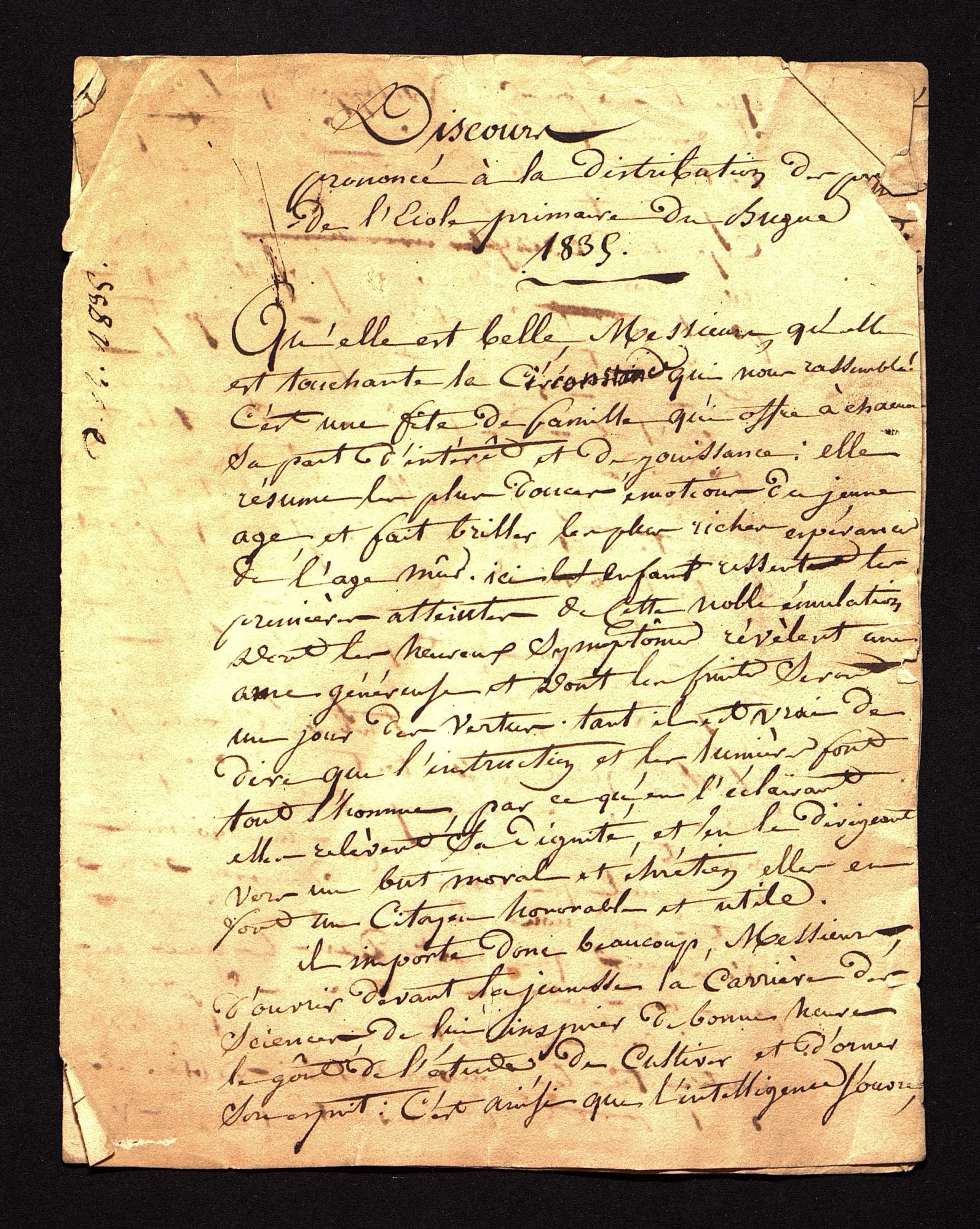 Discours prononcé par le curé Cosse à la remise des prix de l'école du Bugue [vers 1835].