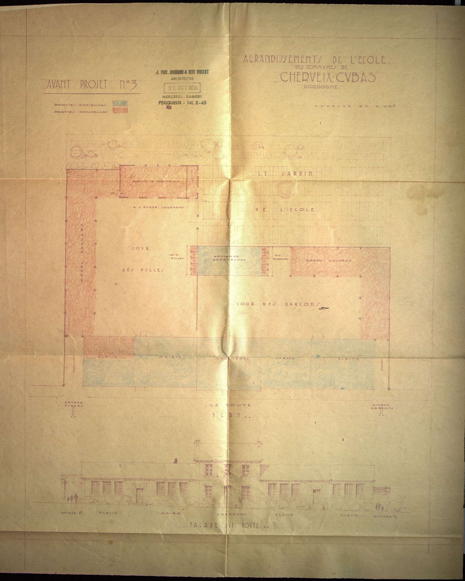 Cherveix-Cubas. Plans de l'école avec agrandissements projetés (1936).