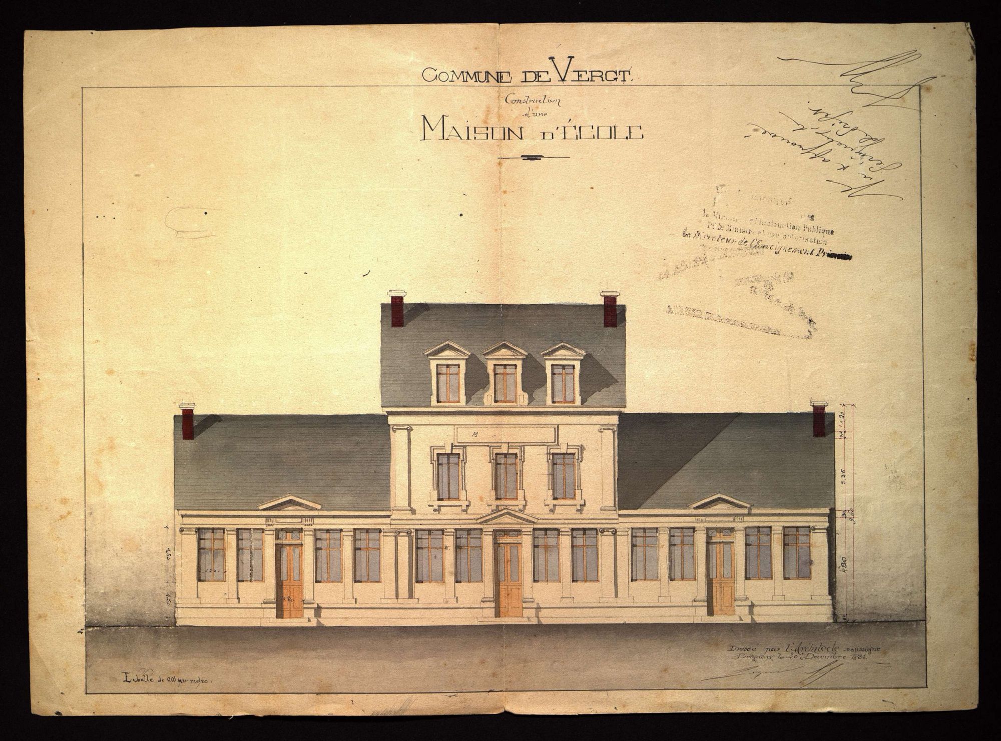 Plan et dessin de la façade, école de Vergt (1881).