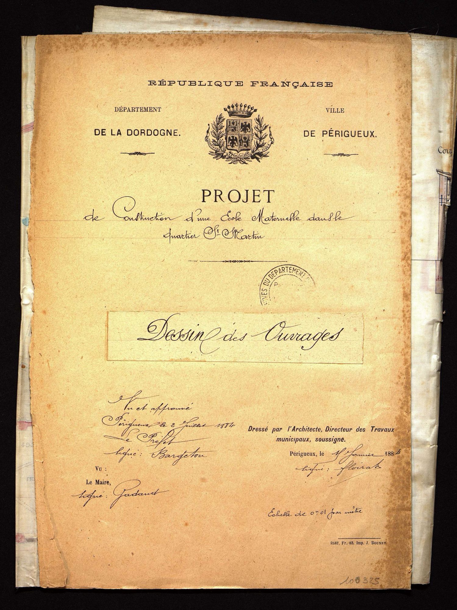 Projet de construction d'une école maternelle, quartier Saint-Martin à Périgueux : plans (1884).