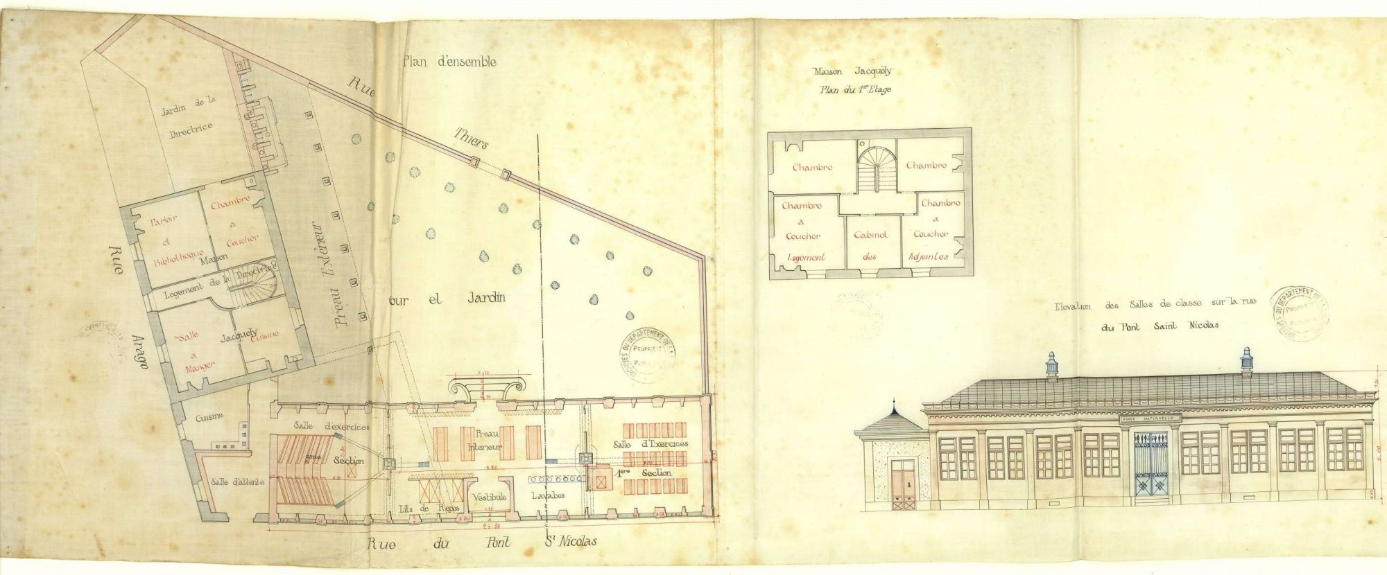 Projet de construction d'une école maternelle, quartier Saint-Martin à Périgueux : plans (1884).