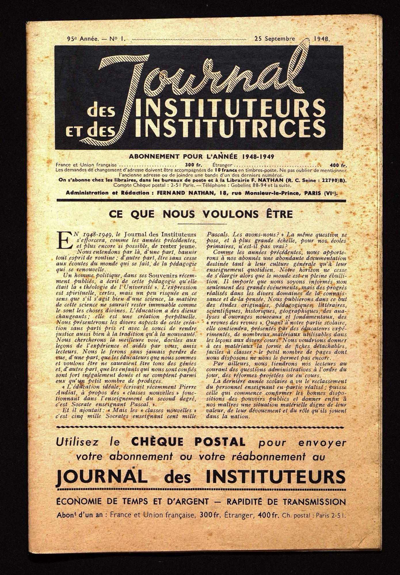 Journal des instituteurs et institutrices, 25 septembre 1948.