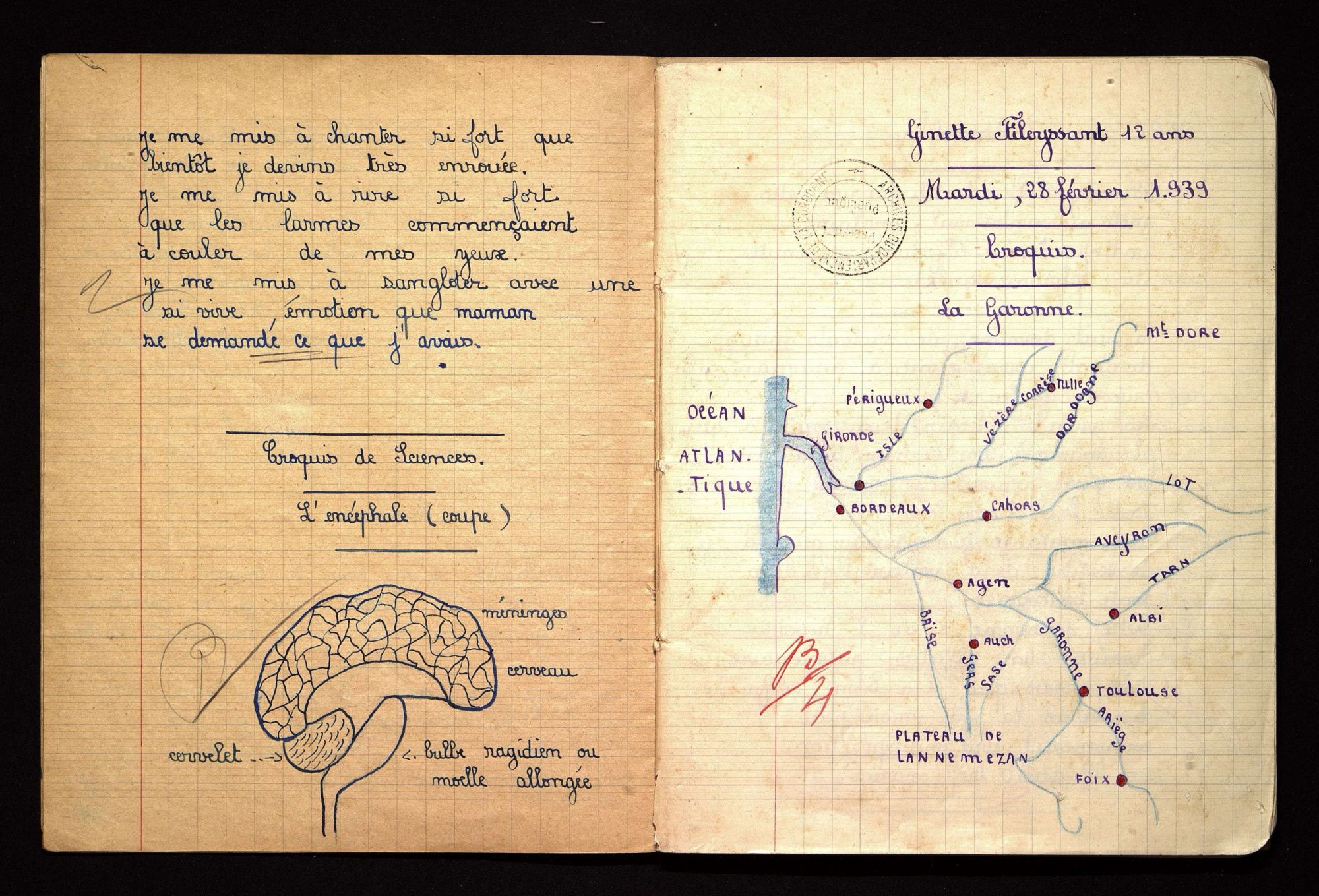 Cahier d'une écolière de Saint-Félix-de-Villadeix, 1937-1939.