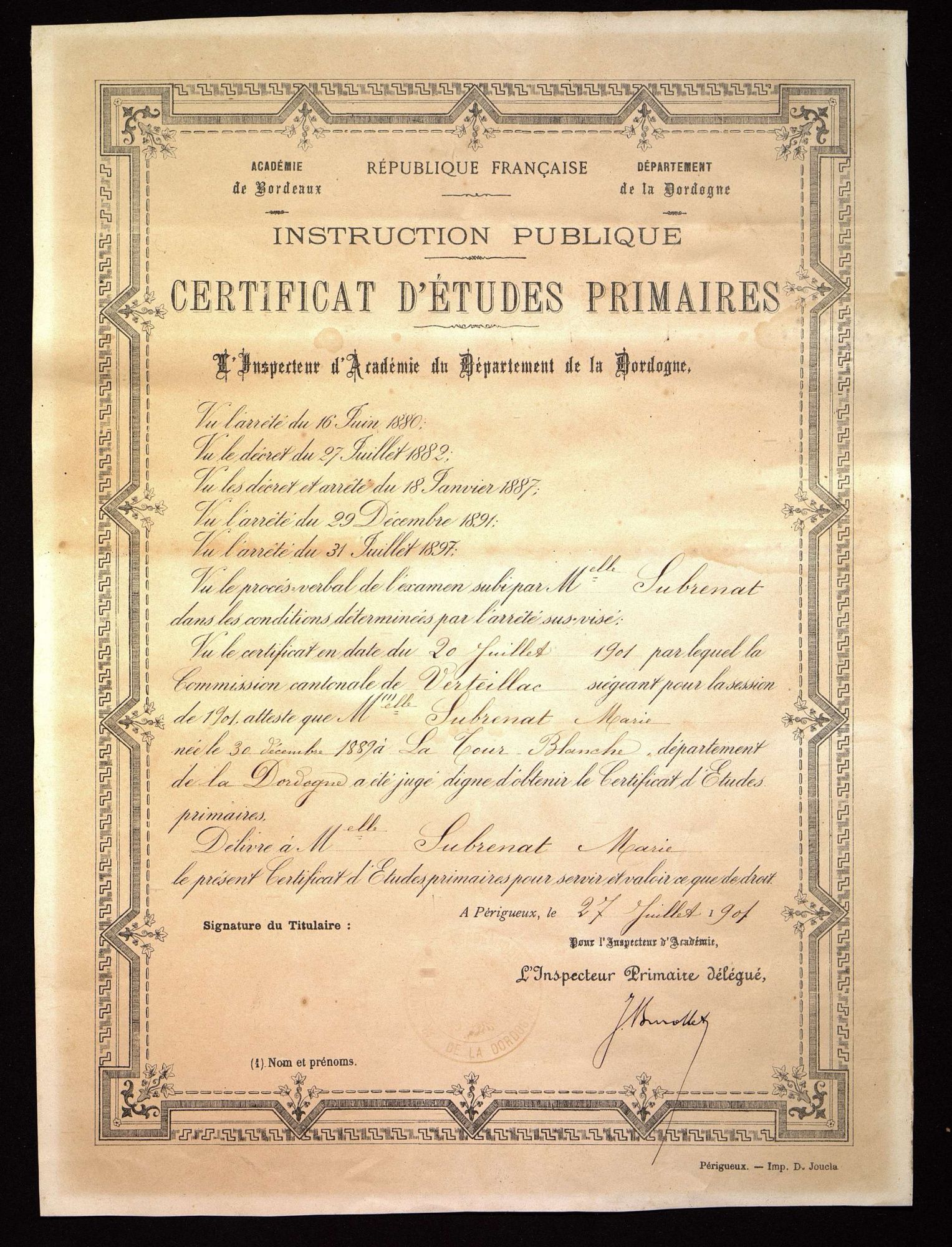 Certificat d'études primaires de Marie Subrenat (1901).