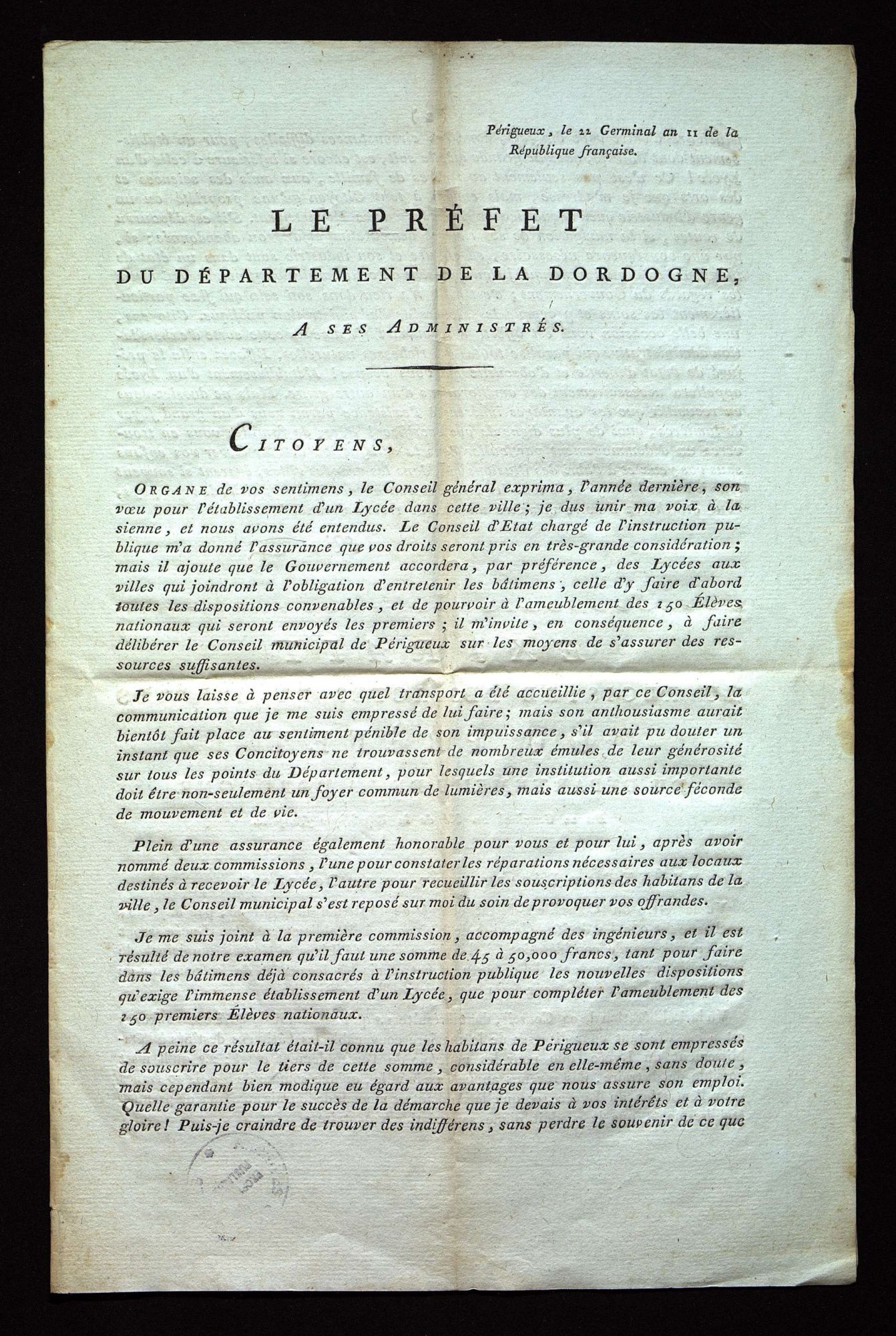Ouverture d'une souscription pour l'établissement d'un lycée à Périgueux (22 germinal an II).