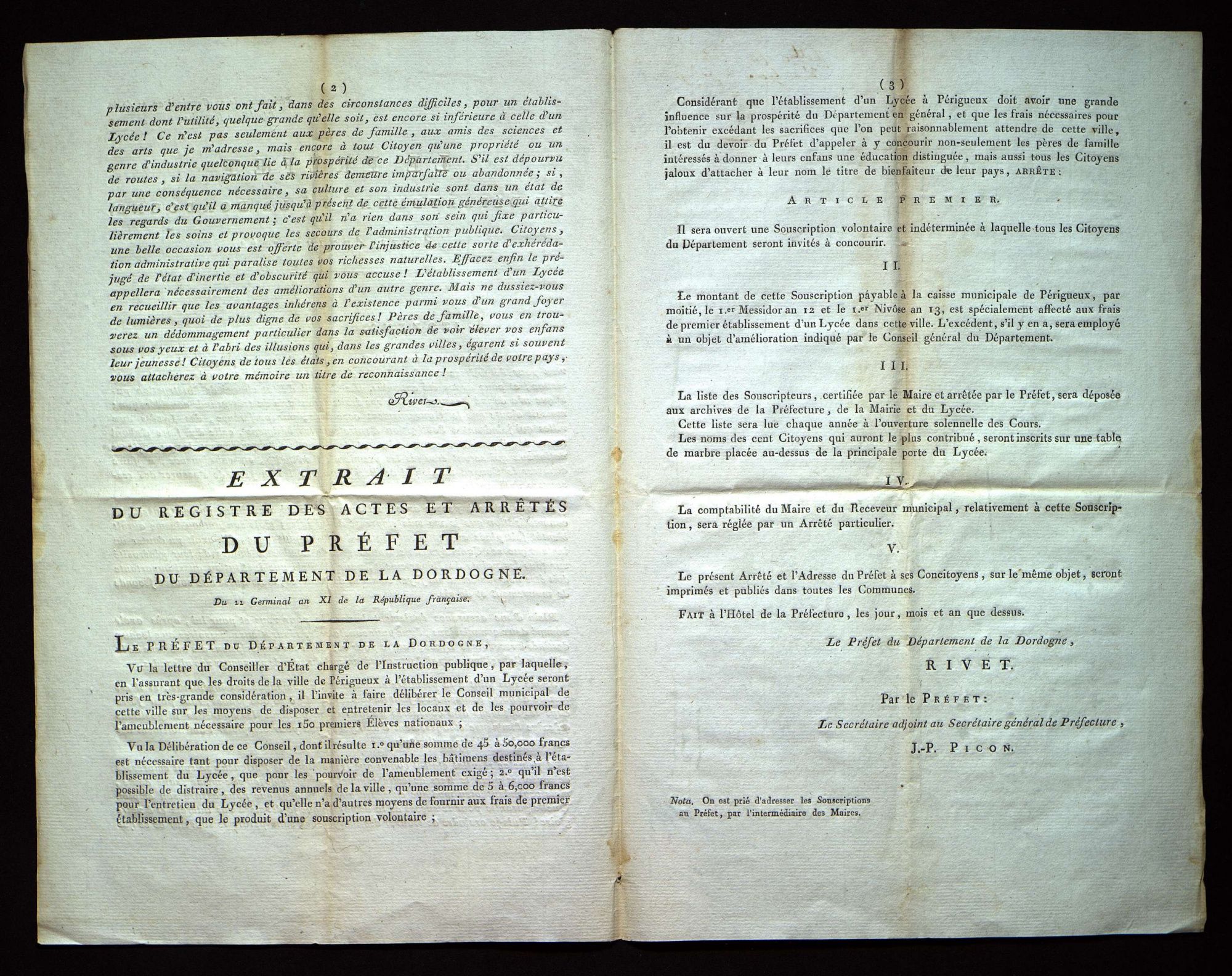 Ouverture d'une souscription pour l'établissement d'un lycée à Périgueux (22 germinal an II).