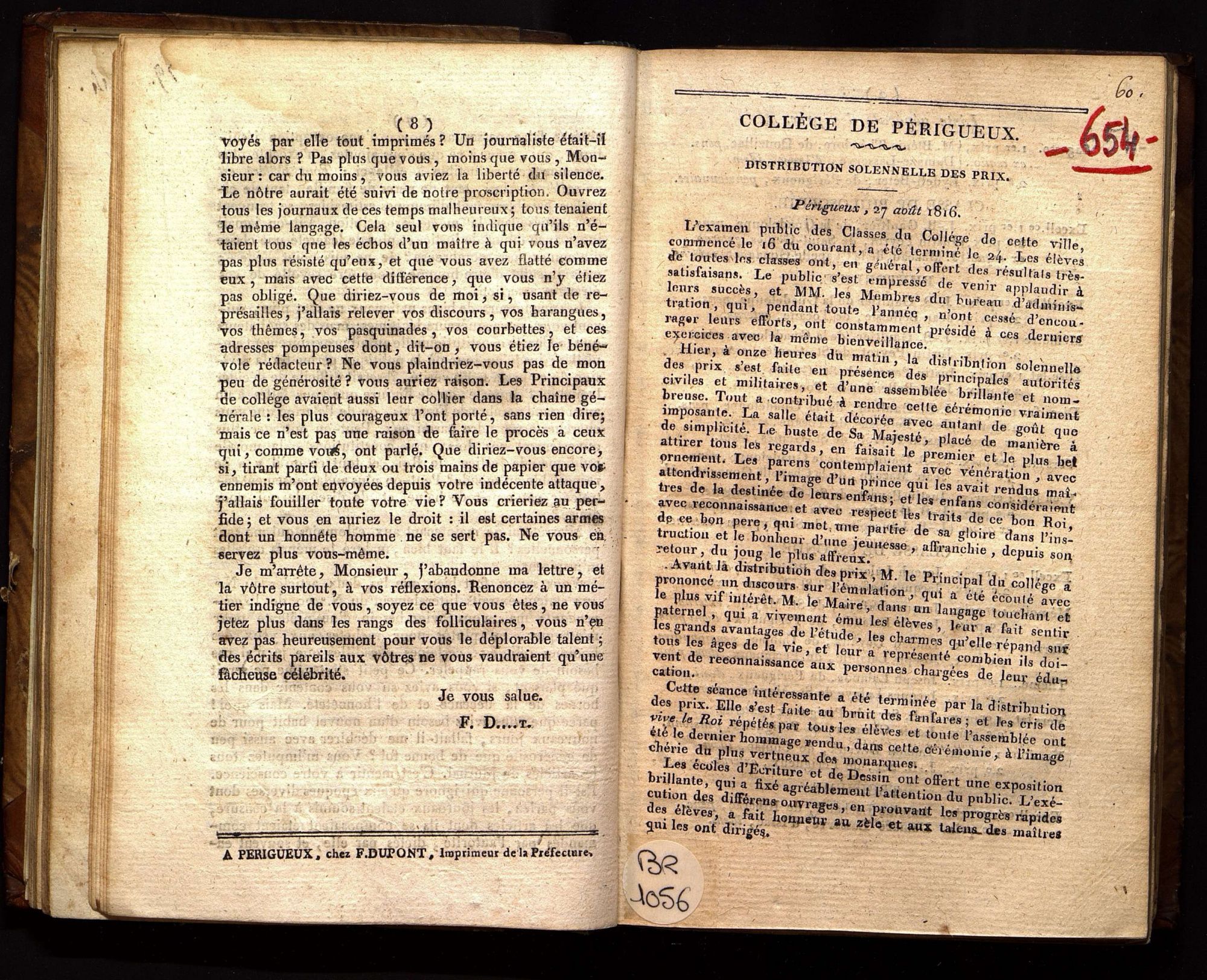 Collège de Périgueux. Distribution solennelle des prix (1816).