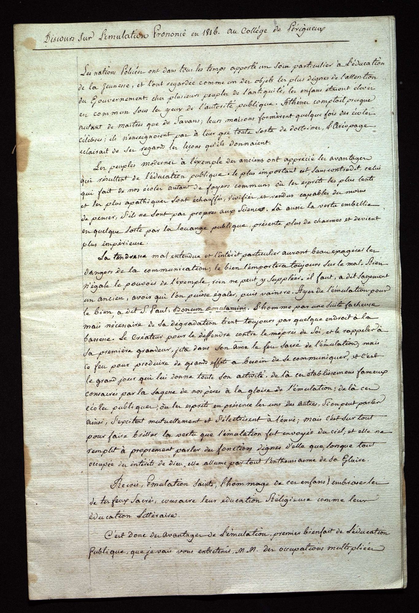 Discours sur l'émulation prononcé par le principal.