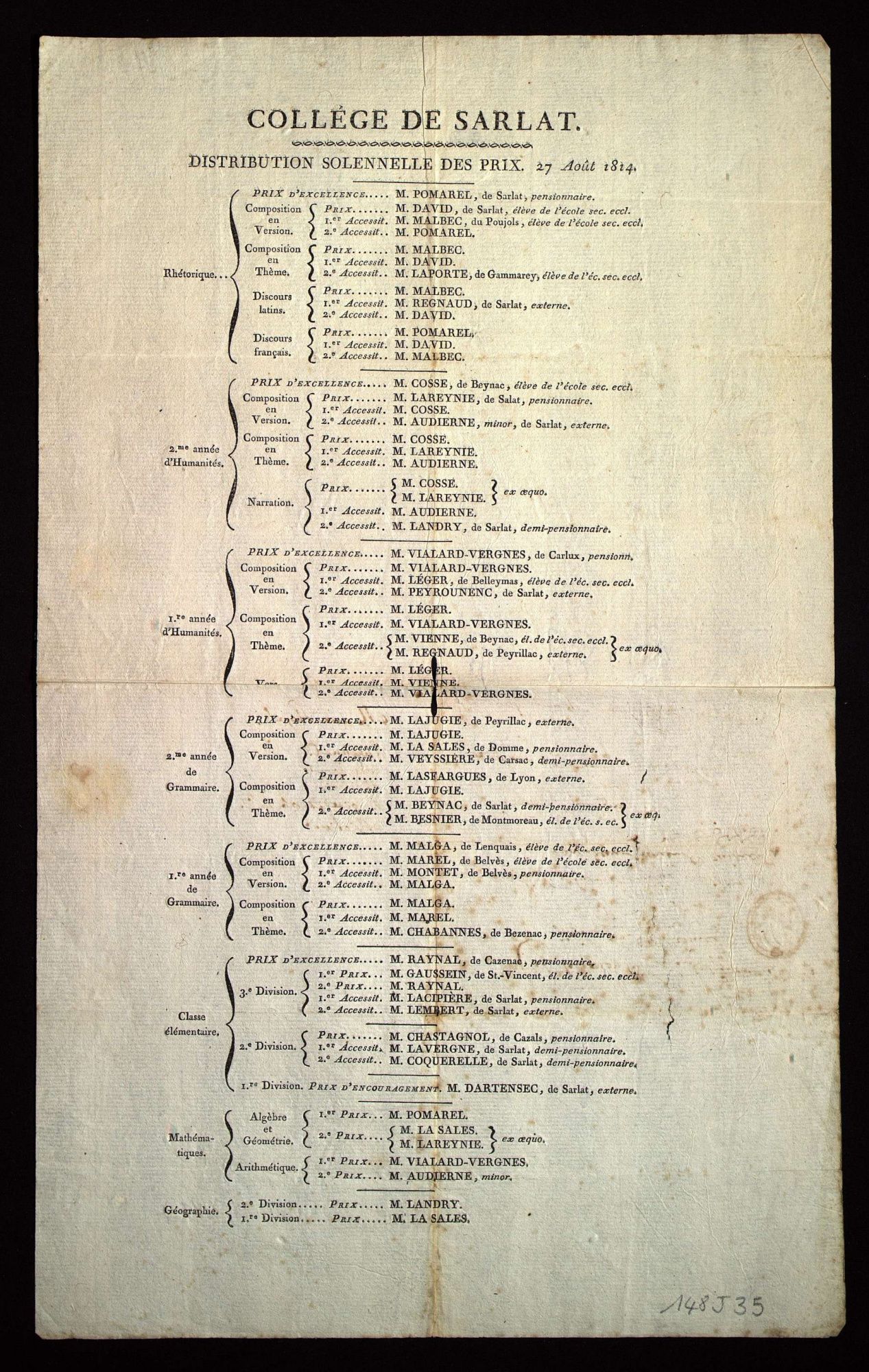 Collège de Sarlat. Palmarès des prix (1814).
