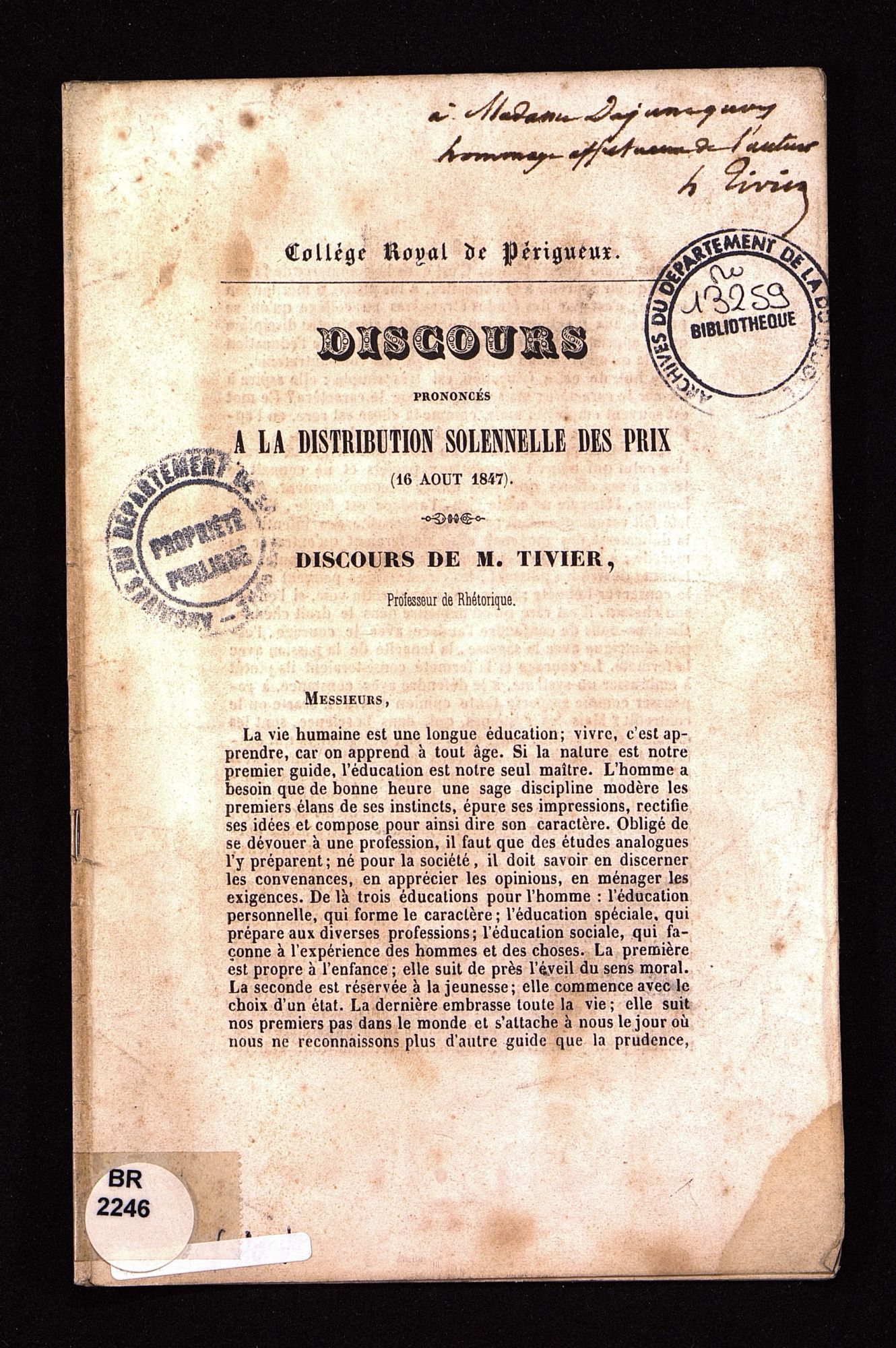 Collège royal de Périgueux. Discours prononcés à la distribution solennelle des prix le 16 août 1847.