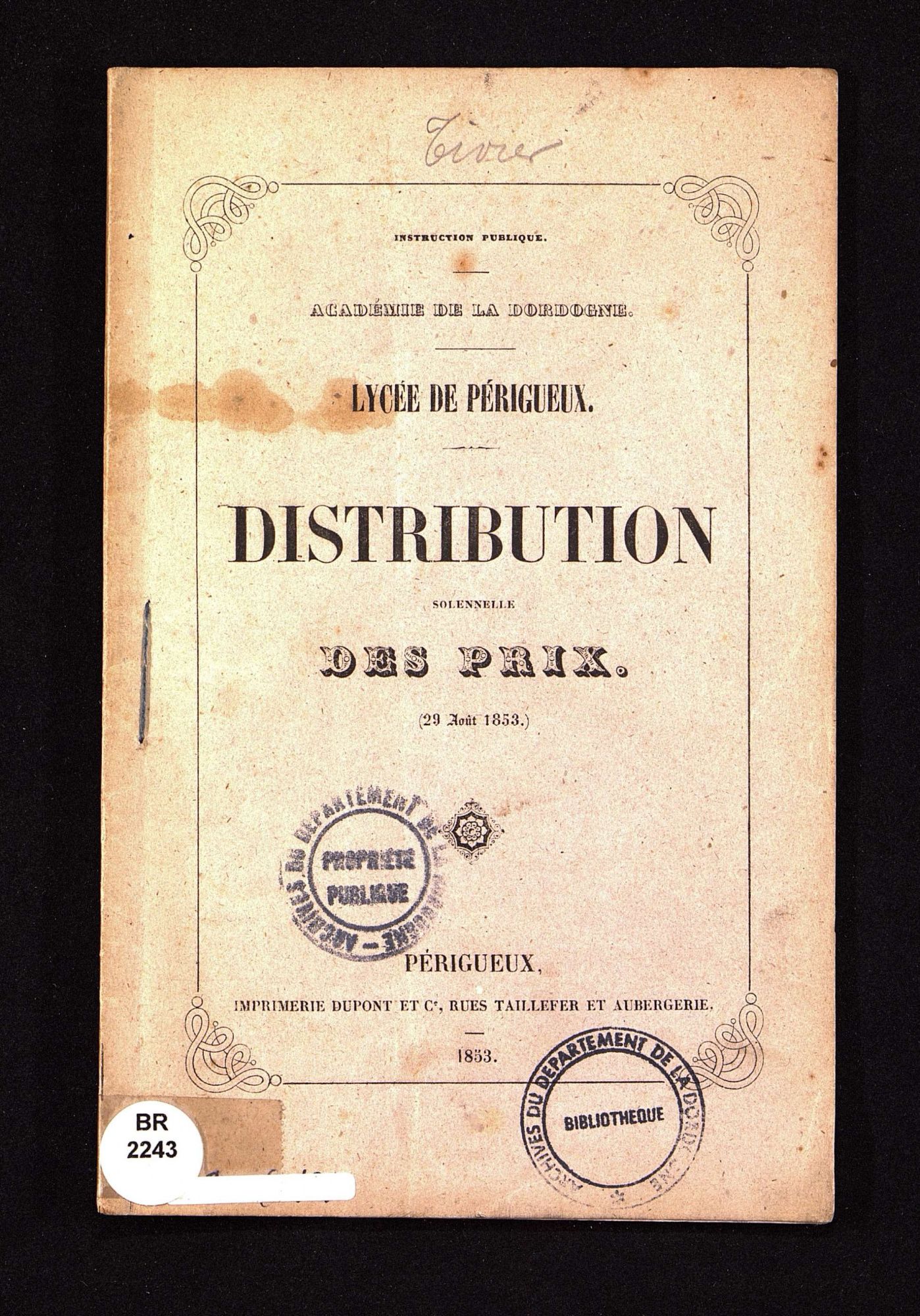 Lycée de Périgueux. Distribution solennelle des prix, 29 août 1853.
