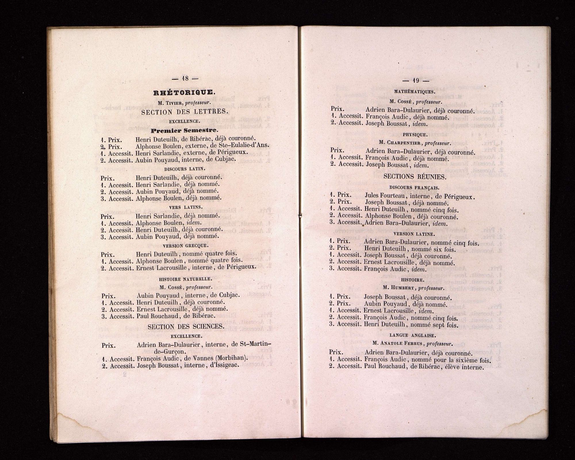 Lycée de Périgueux. Distribution solennelle des prix, 29 août 1853.