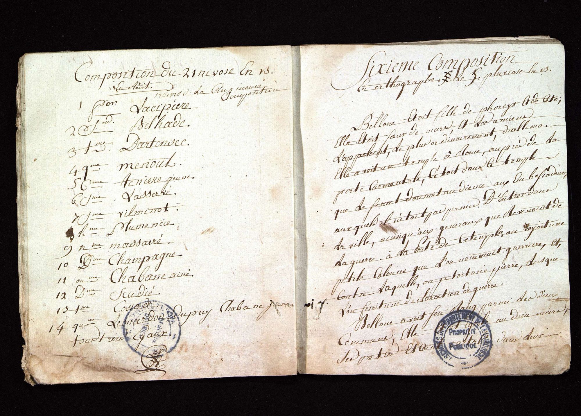 Léonardon. Cahier de composition de la classe des belles-lettres sous M. Delbare (an XIII).