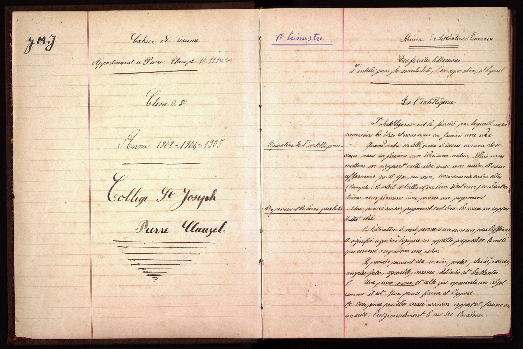 Cahier de classe et de résumés de Pierre Clauzel, en classe de 3e au collège Saint-Joseph (1903-1905).