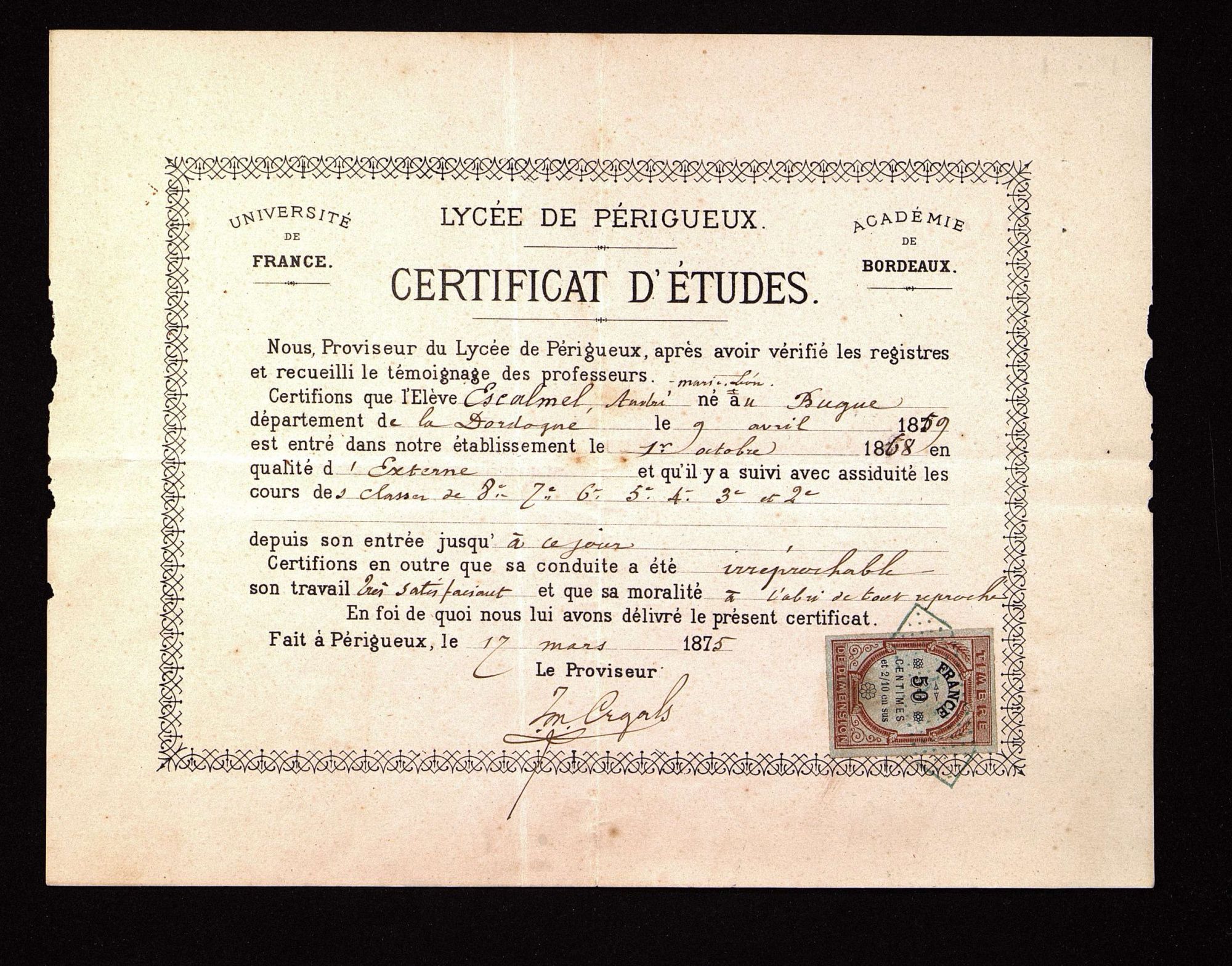 Léon André Escalmel, né au Bugue en 1859. Certificat d'études de la 8e à la 2nde du lycée de Périgueux (1875).