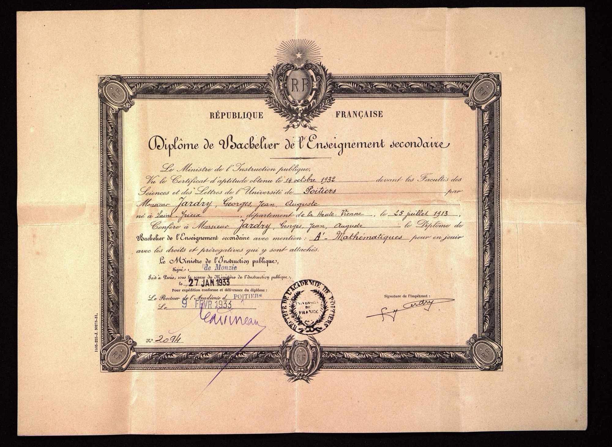 Georges Jardry. Diplôme de bachelier (1933).