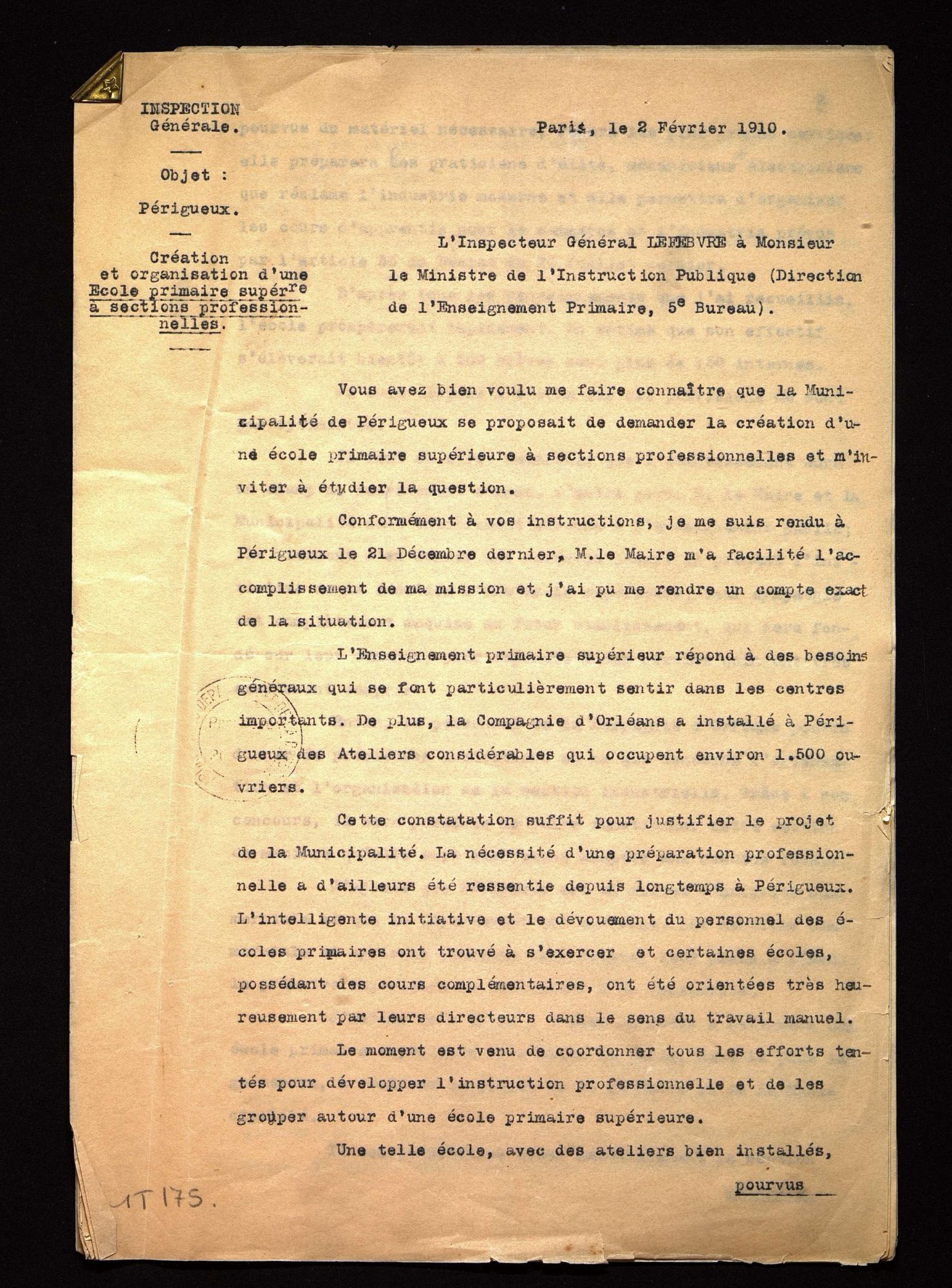 Rapport de l'inspecteur général sur l'intérêt de créer une école primaire supérieure à Périgueux  (2 février 1910).